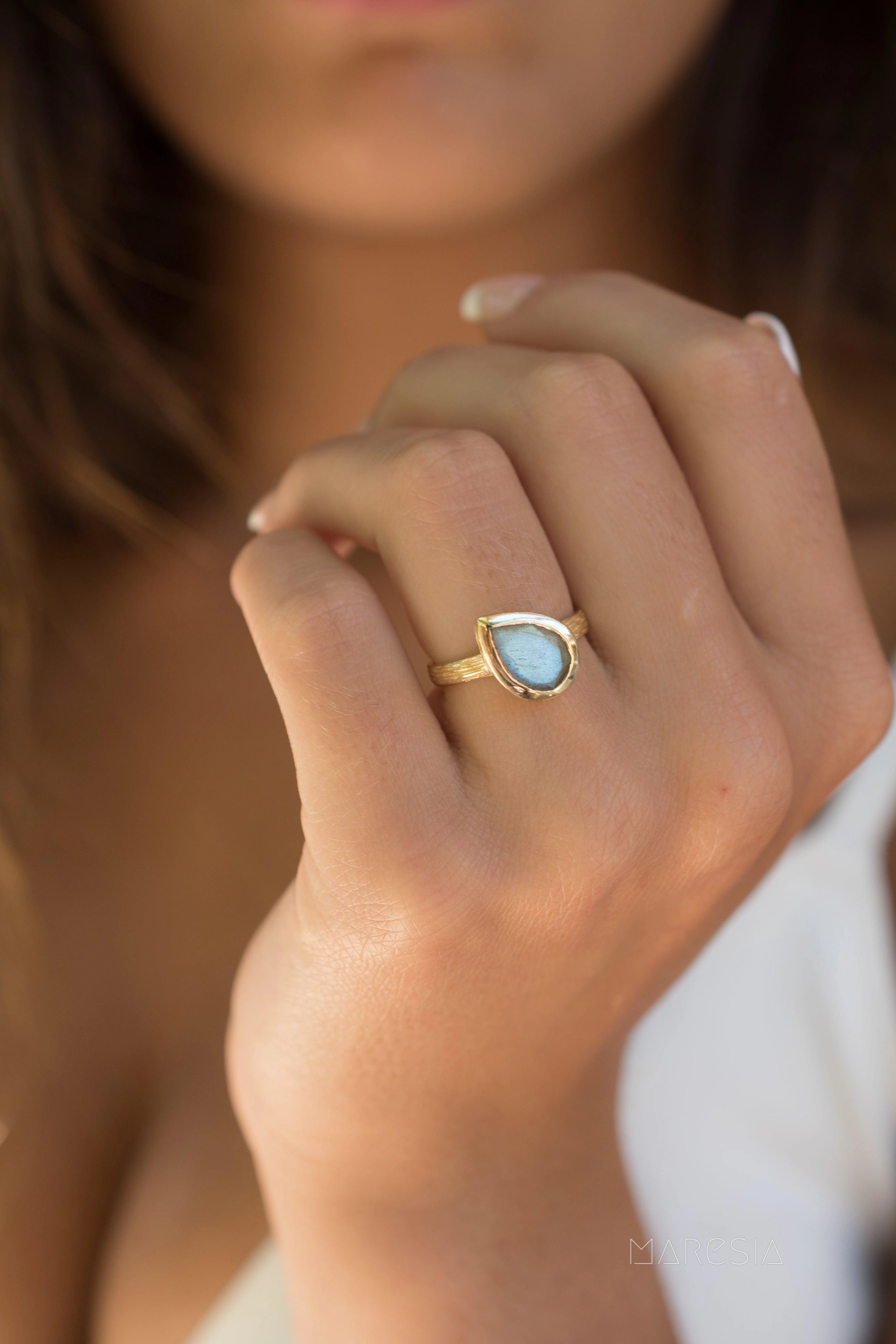 Lica Rainbow Labradorite Tear Drop Ring ~ 18k Gold Plated ~ SMR127