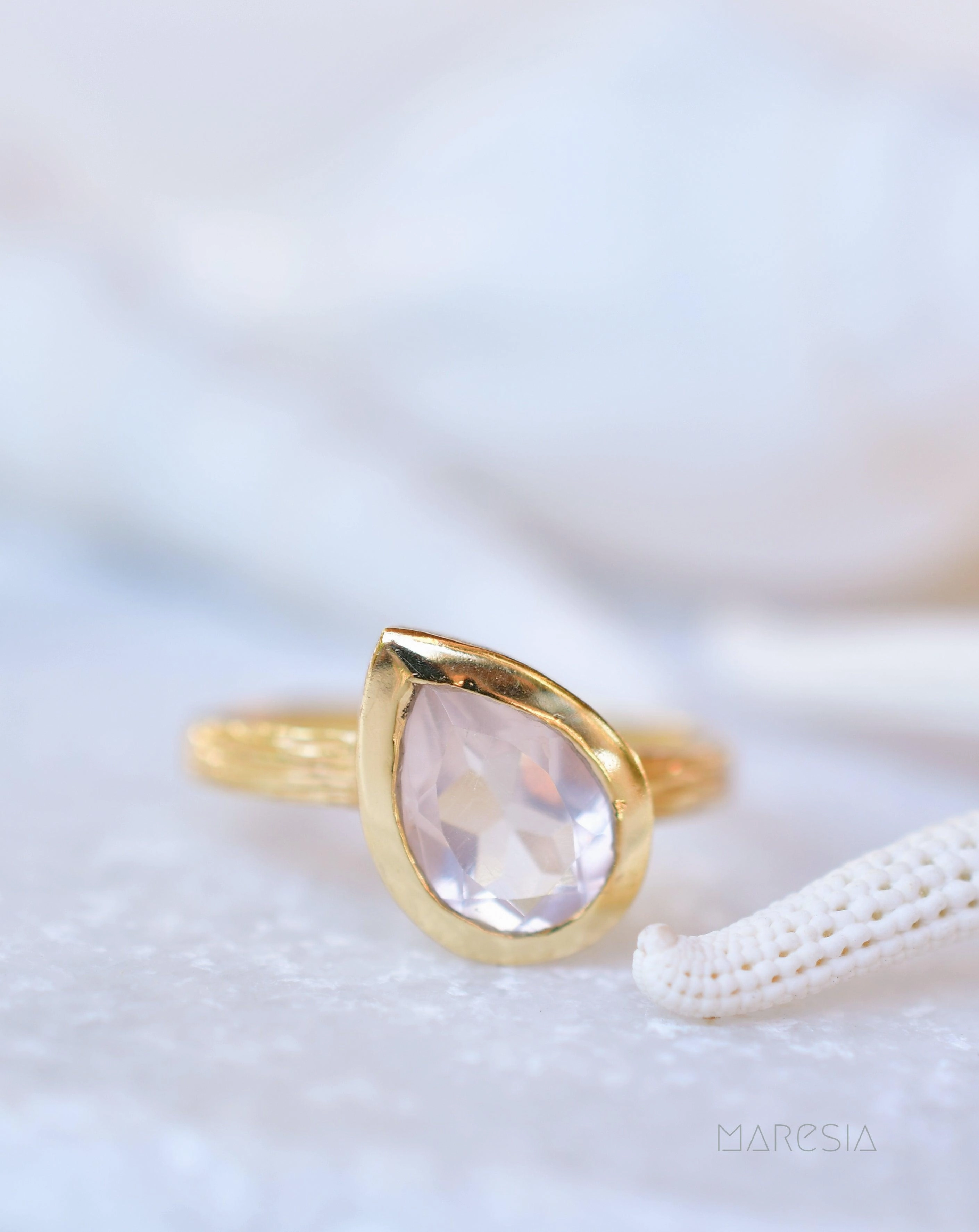 Lica Rose Quartz Tear Drop Gold Ring ~ 18k Gold Plated ~ SMR126