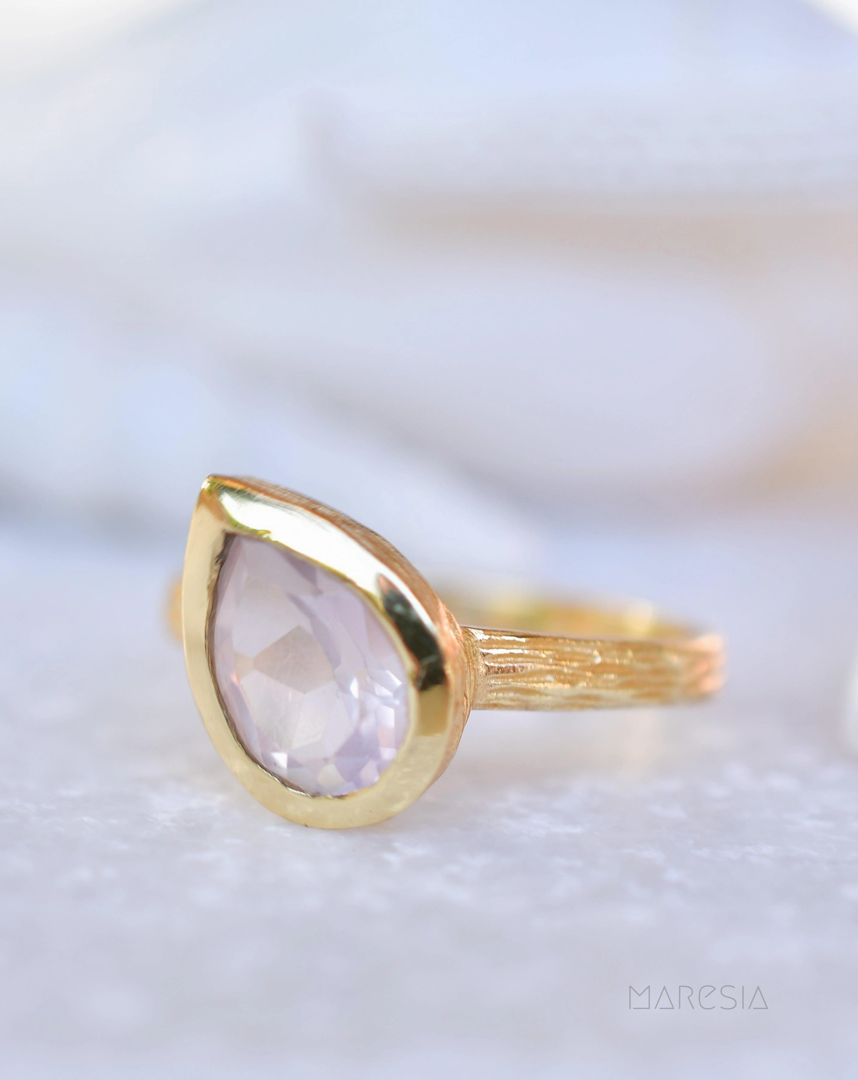 Lica Rose Quartz Tear Drop Gold Ring ~ 18k Gold Plated ~ SMR126