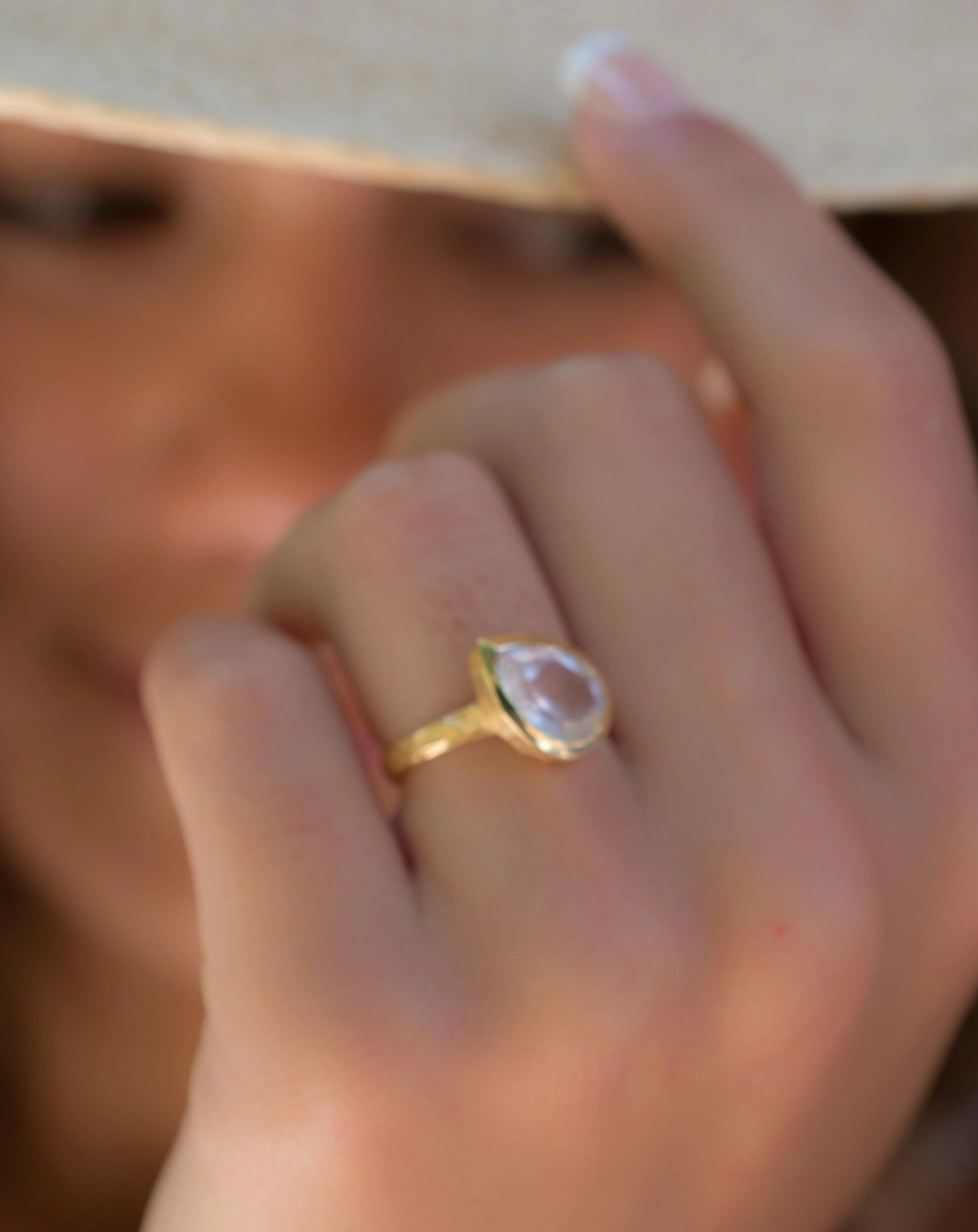 Lica Rose Quartz Tear Drop Gold Ring ~ 18k Gold Plated ~ SMR126