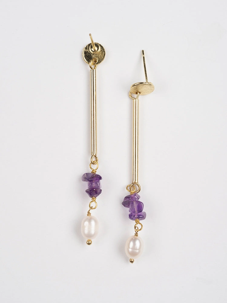 Linear Stone Earrings - Amethyst