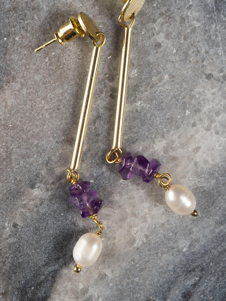 Linear Stone Earrings - Amethyst