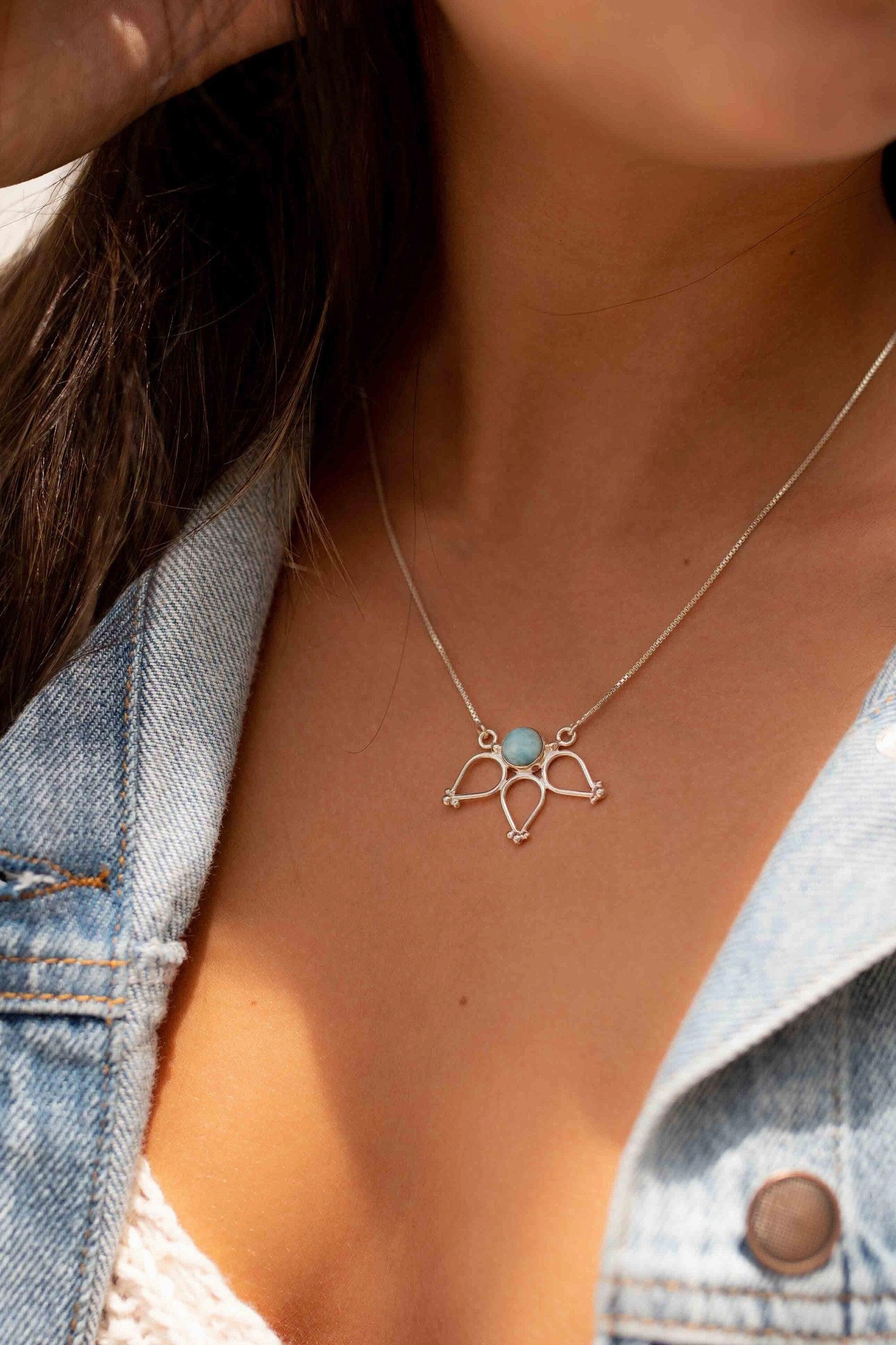 Lotus Flower Necklace ~ Larimar ~ Sterling Silver 925 ~ MN076
