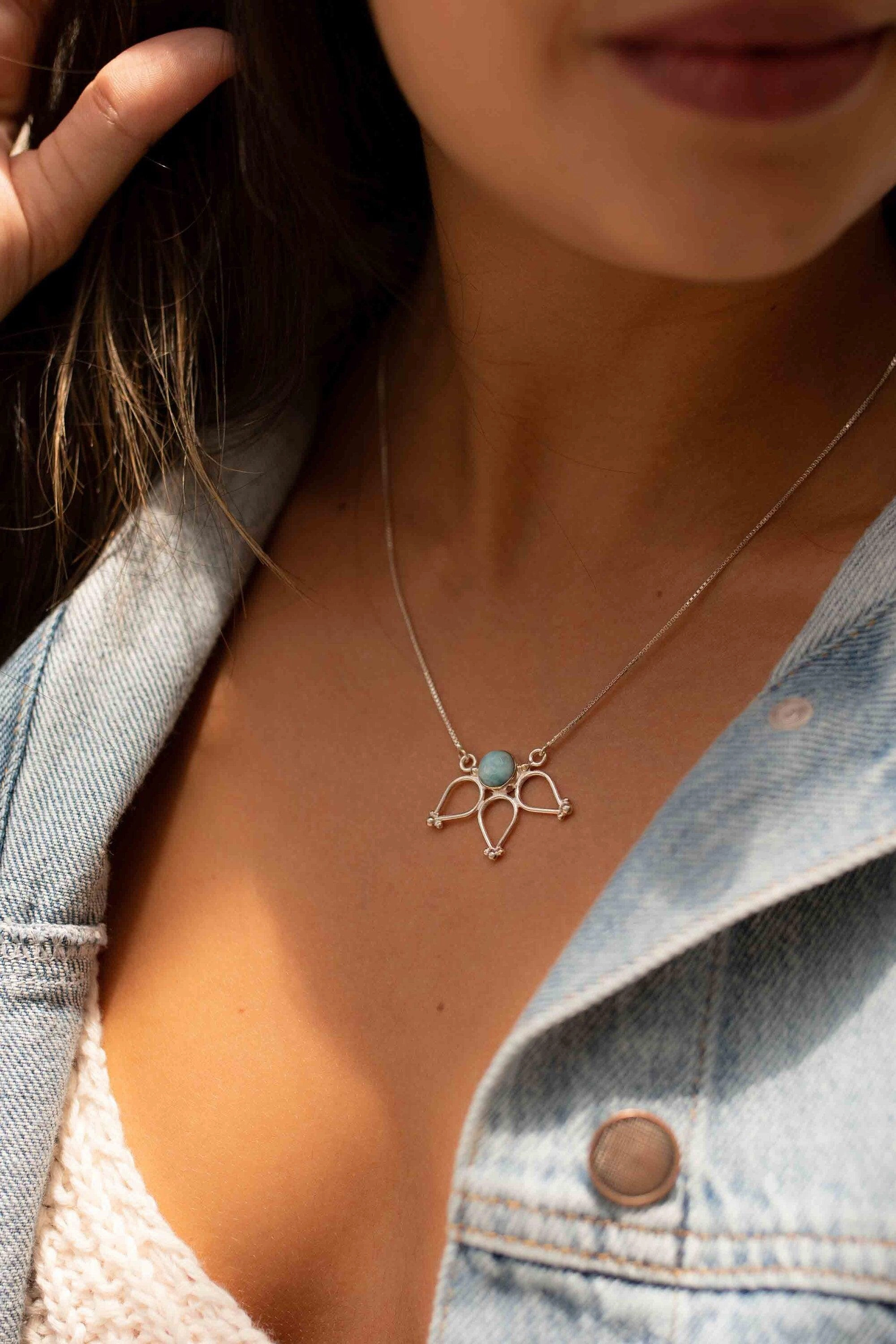 Lotus Flower Necklace ~ Larimar ~ Sterling Silver 925 ~ MN076