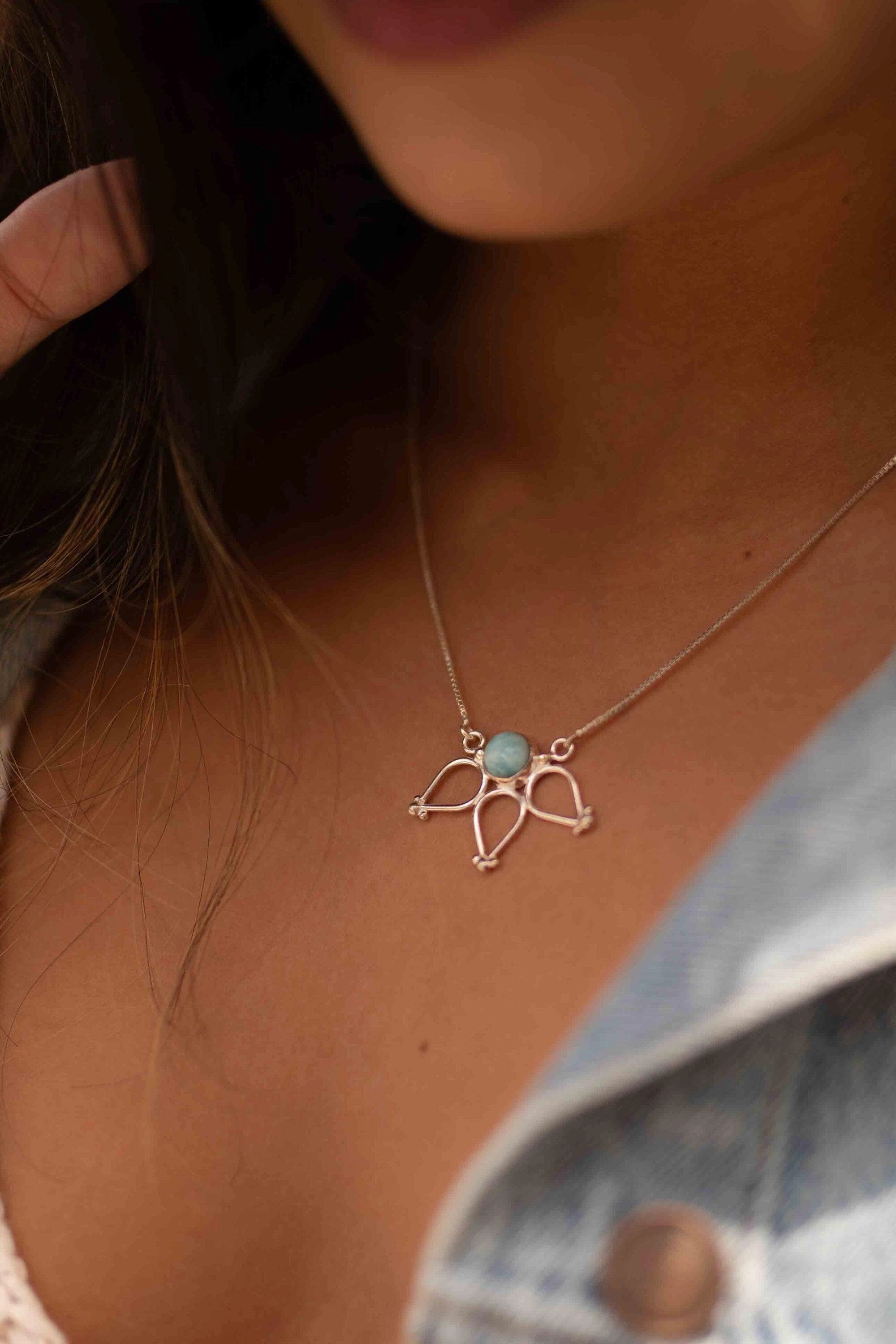 Lotus Flower Necklace ~ Larimar ~ Sterling Silver 925 ~ MN076