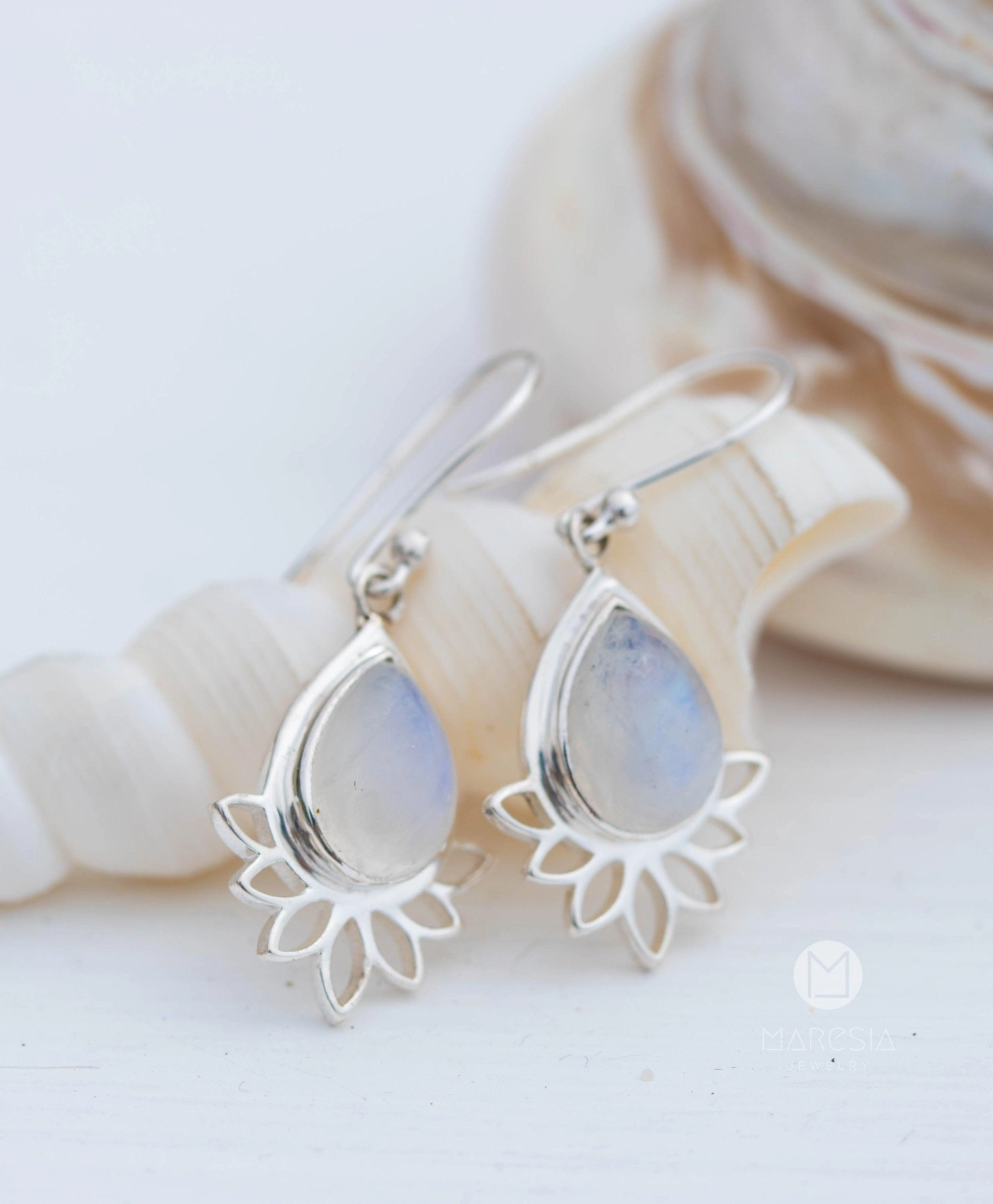Lotus flower Turquoise or Moonstone Earrings ~ Sterling Silver 925 ~ ME155