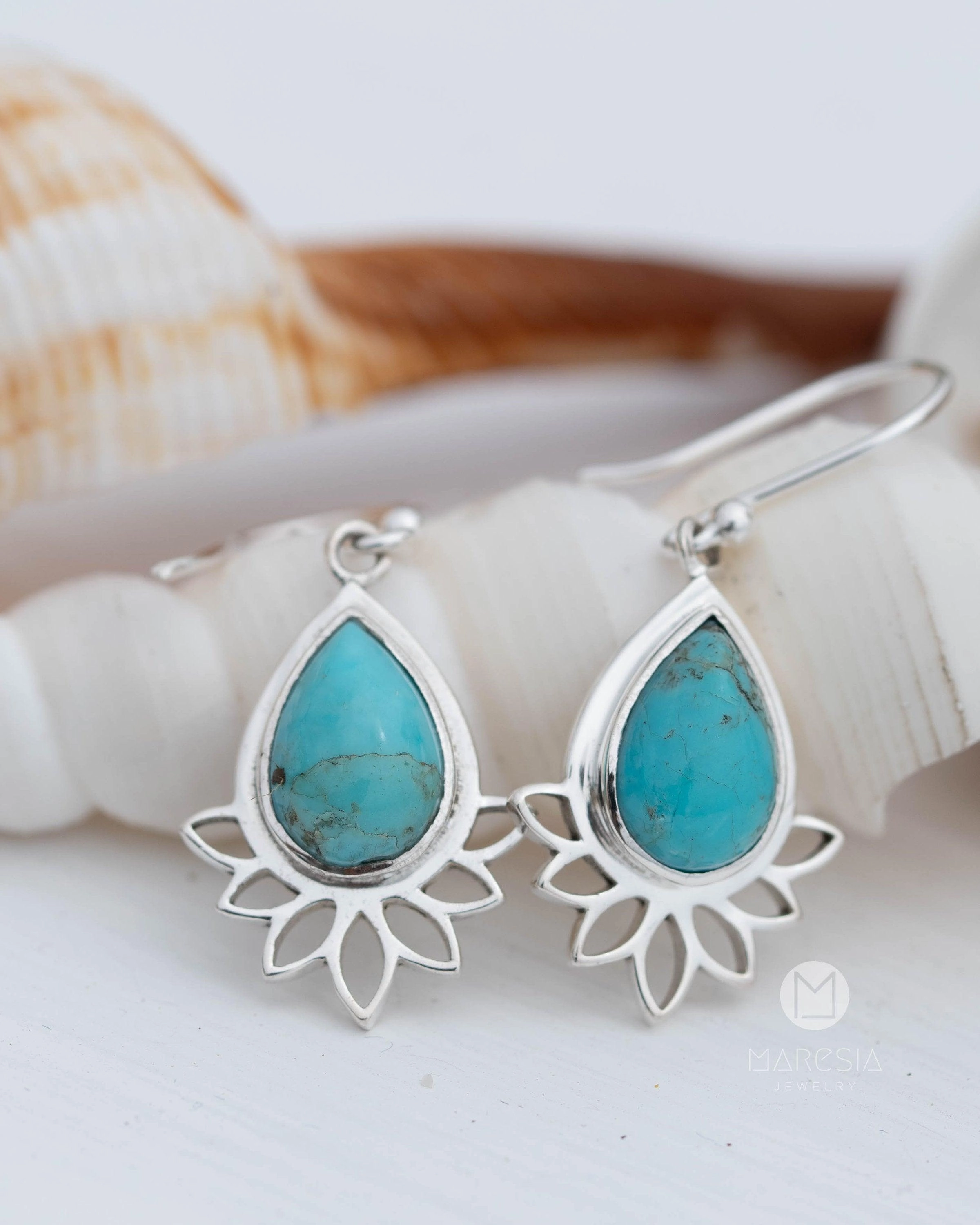Lotus flower Turquoise or Moonstone Earrings ~ Sterling Silver 925 ~ ME155
