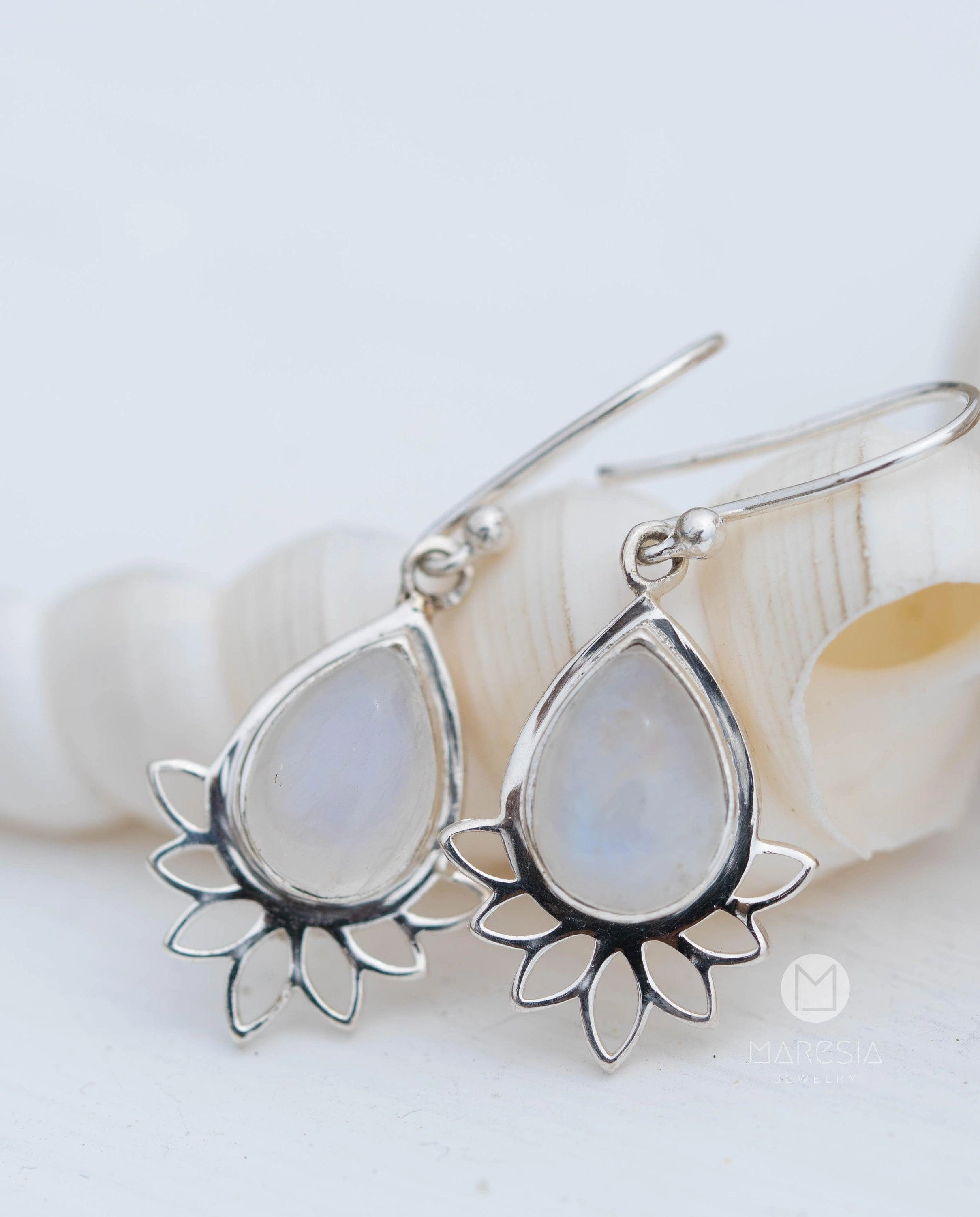 Lotus flower Turquoise or Moonstone Earrings ~ Sterling Silver 925 ~ ME155