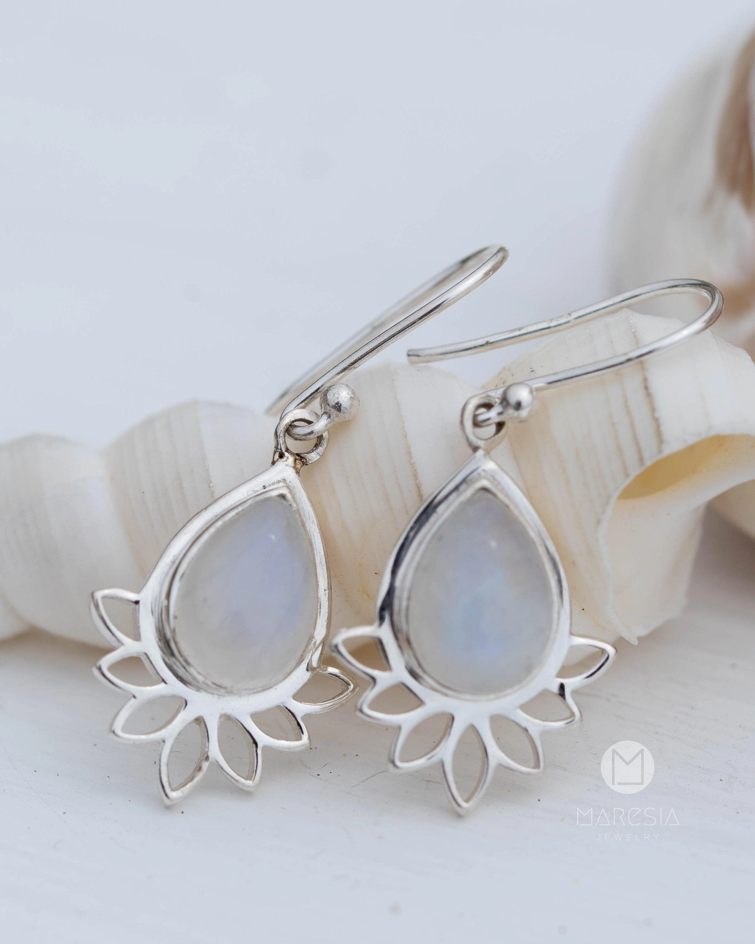 Lotus flower Turquoise or Moonstone Earrings ~ Sterling Silver 925 ~ ME155