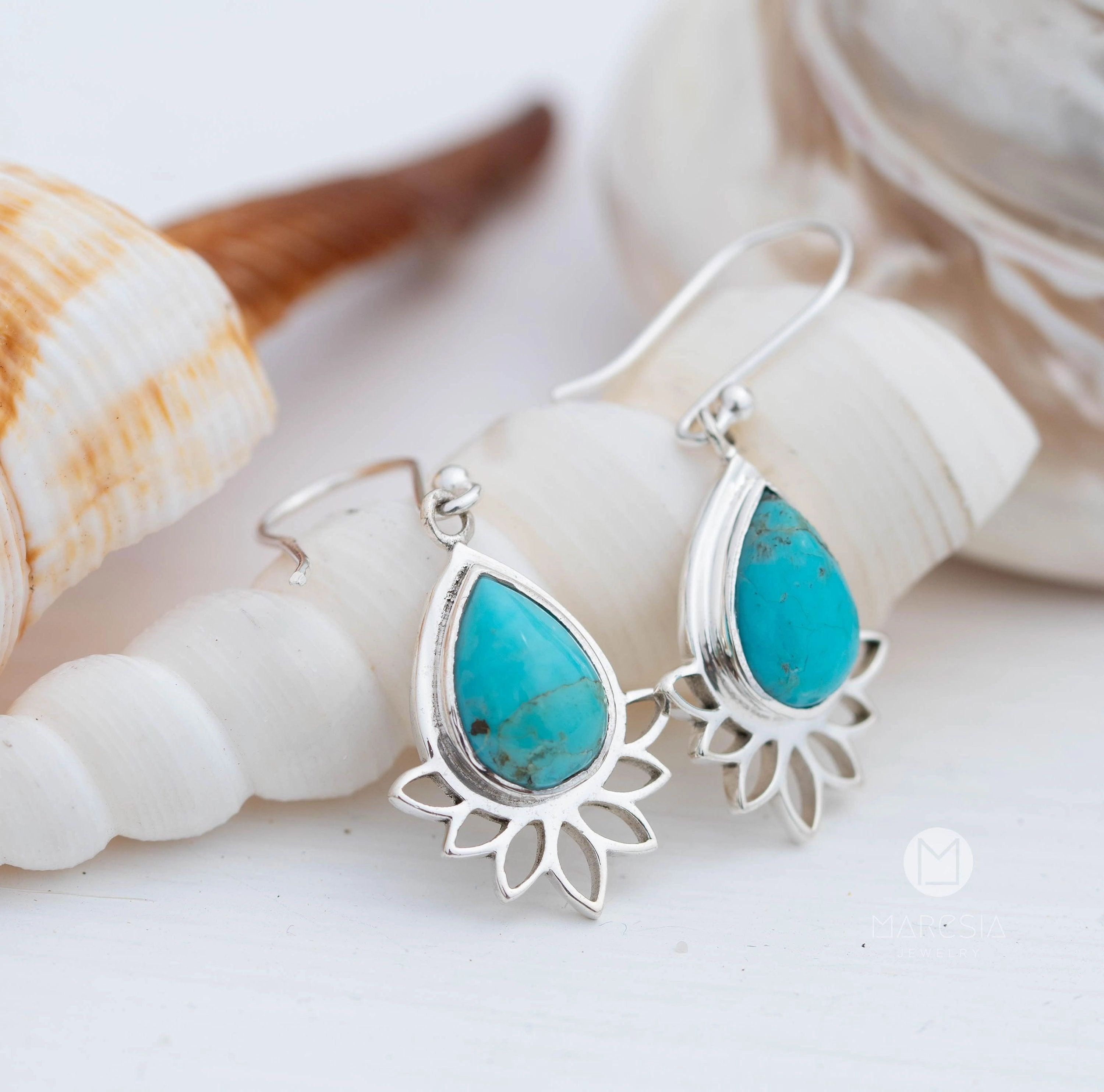 Lotus flower Turquoise or Moonstone Earrings ~  Sterling Silver 925 ~ ME155A