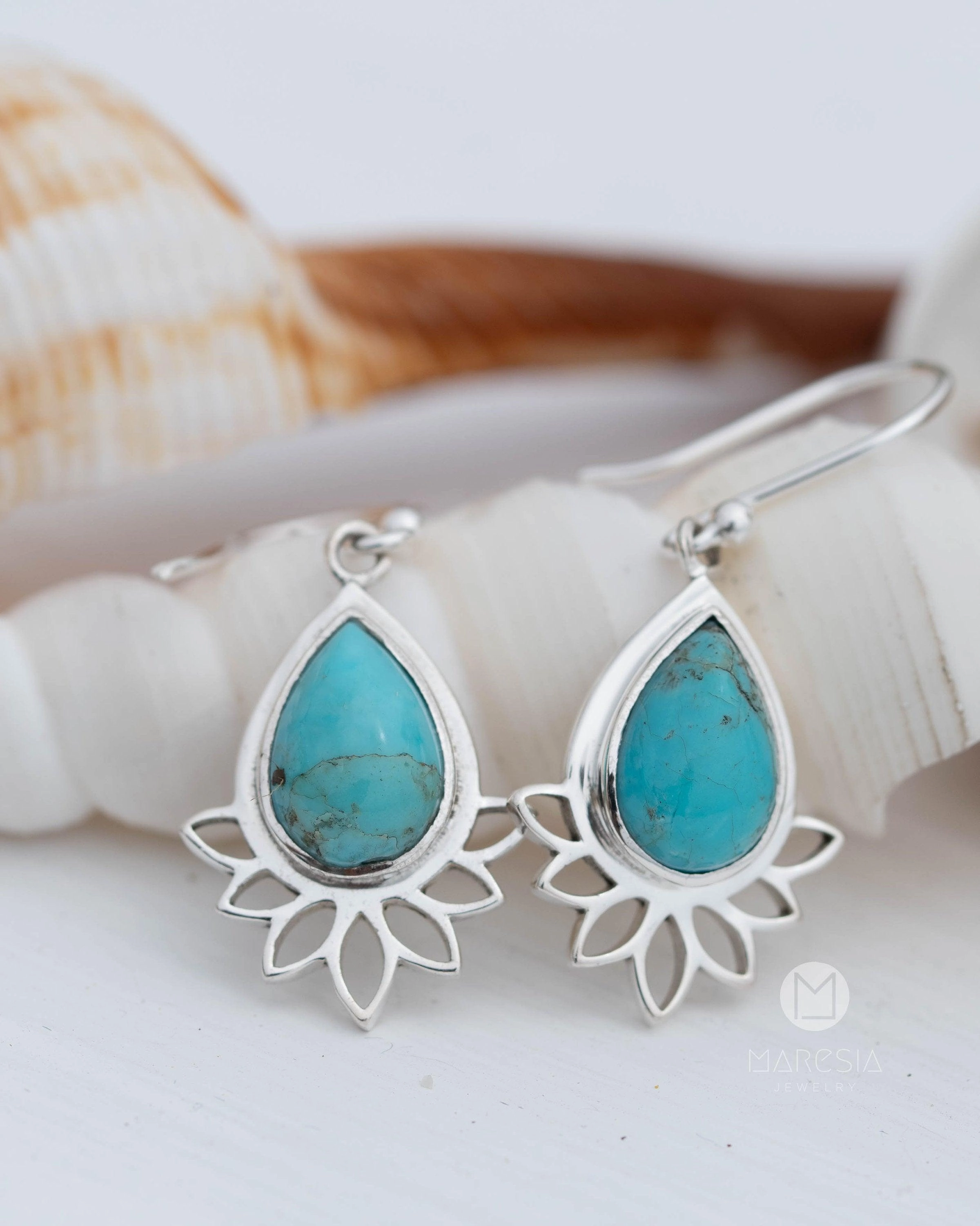 Lotus flower Turquoise or Moonstone Earrings ~  Sterling Silver 925 ~ ME155A