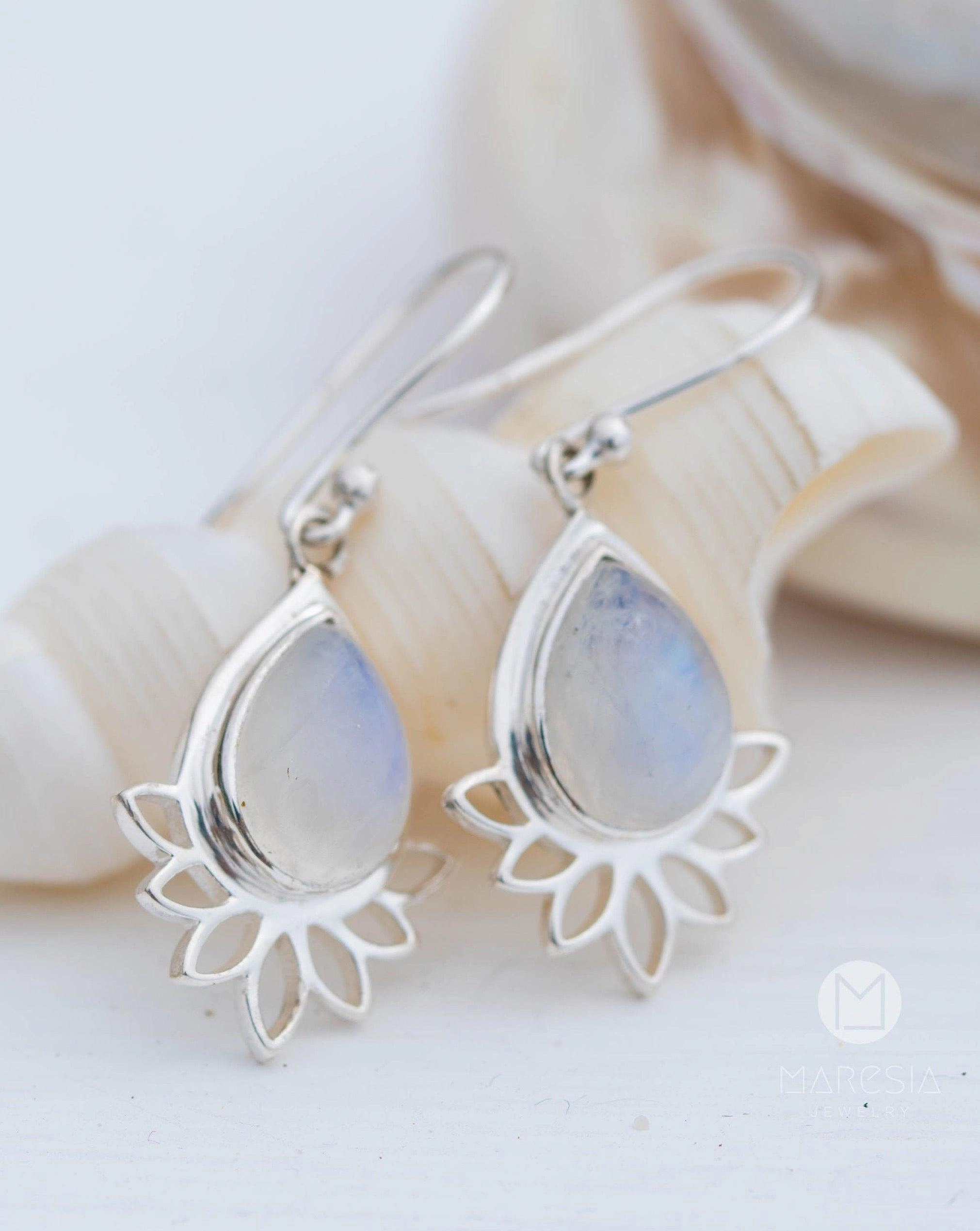 Lotus flower Turquoise or Moonstone Earrings ~  Sterling Silver 925 ~ ME155A