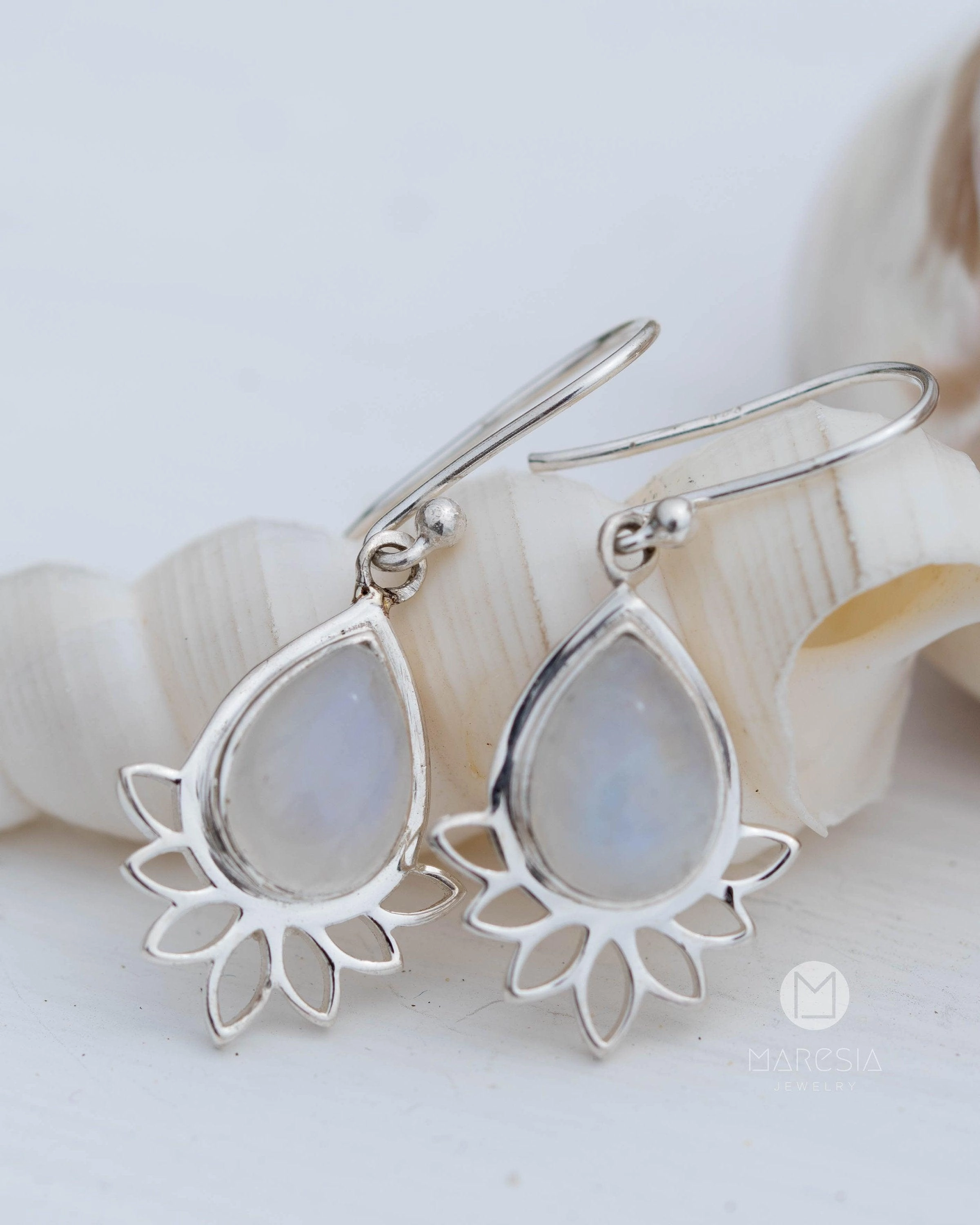 Lotus flower Turquoise or Moonstone Earrings ~  Sterling Silver 925 ~ ME155A