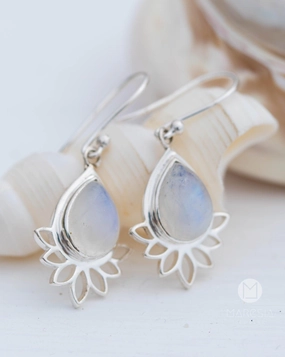 Lotus flower Turquoise or Moonstone Earrings ~  Sterling Silver 925 ~ ME155A