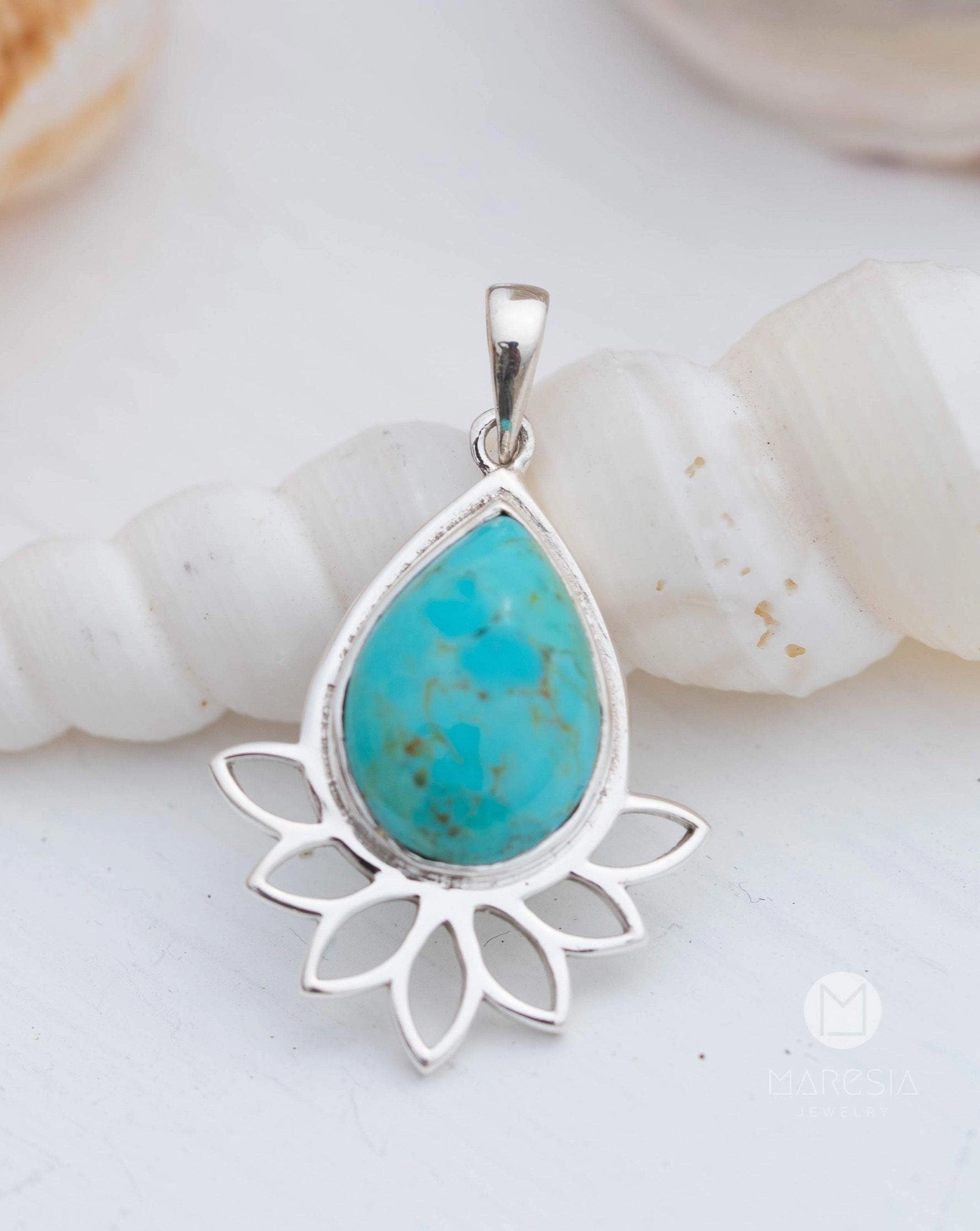 Lotus flower Turquoise or Moonstone Pendant ~ Sterling Silver 925 ~ MP002