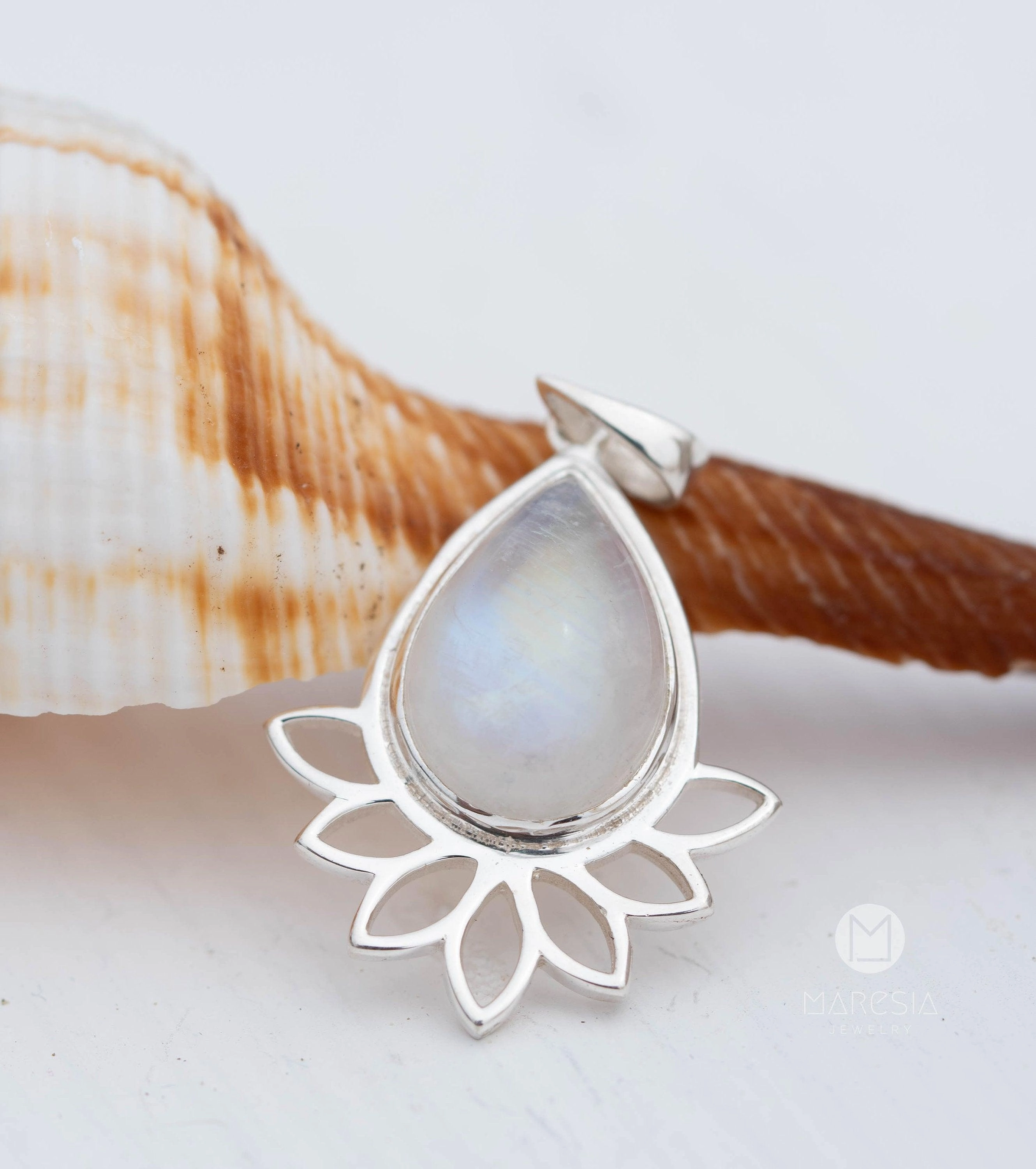Lotus flower Turquoise or Moonstone Pendant ~ Sterling Silver 925 ~ MP002