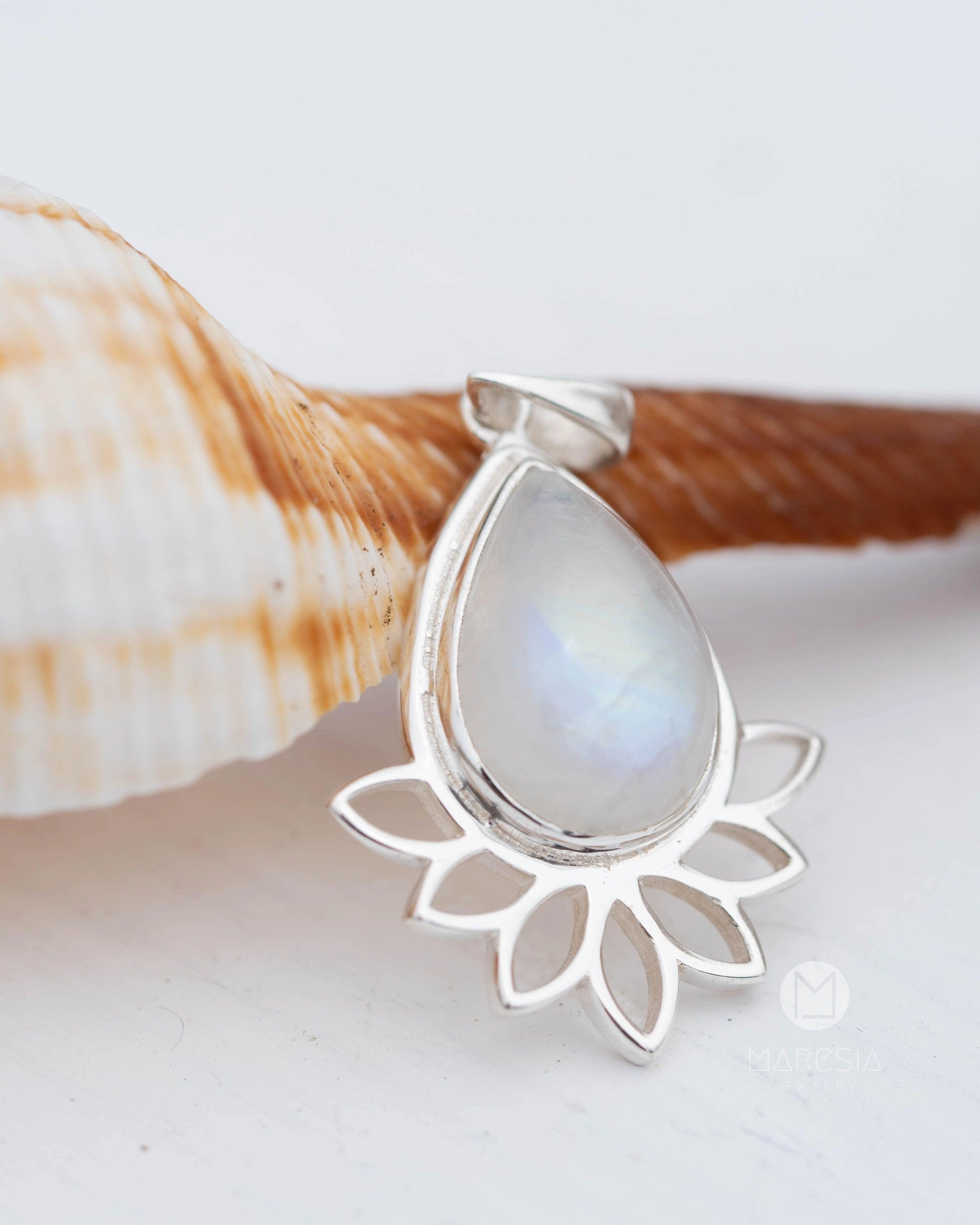 Lotus flower Turquoise or Moonstone Pendant ~ Sterling Silver 925 ~ MP002