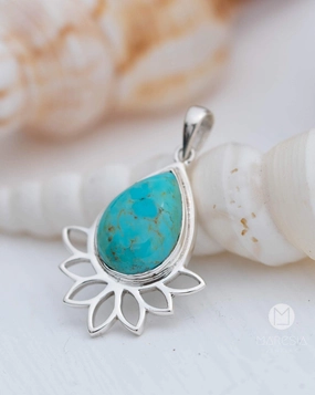 Lotus flower Turquoise or Moonstone Pendant ~ Sterling Silver 925 ~ MP002