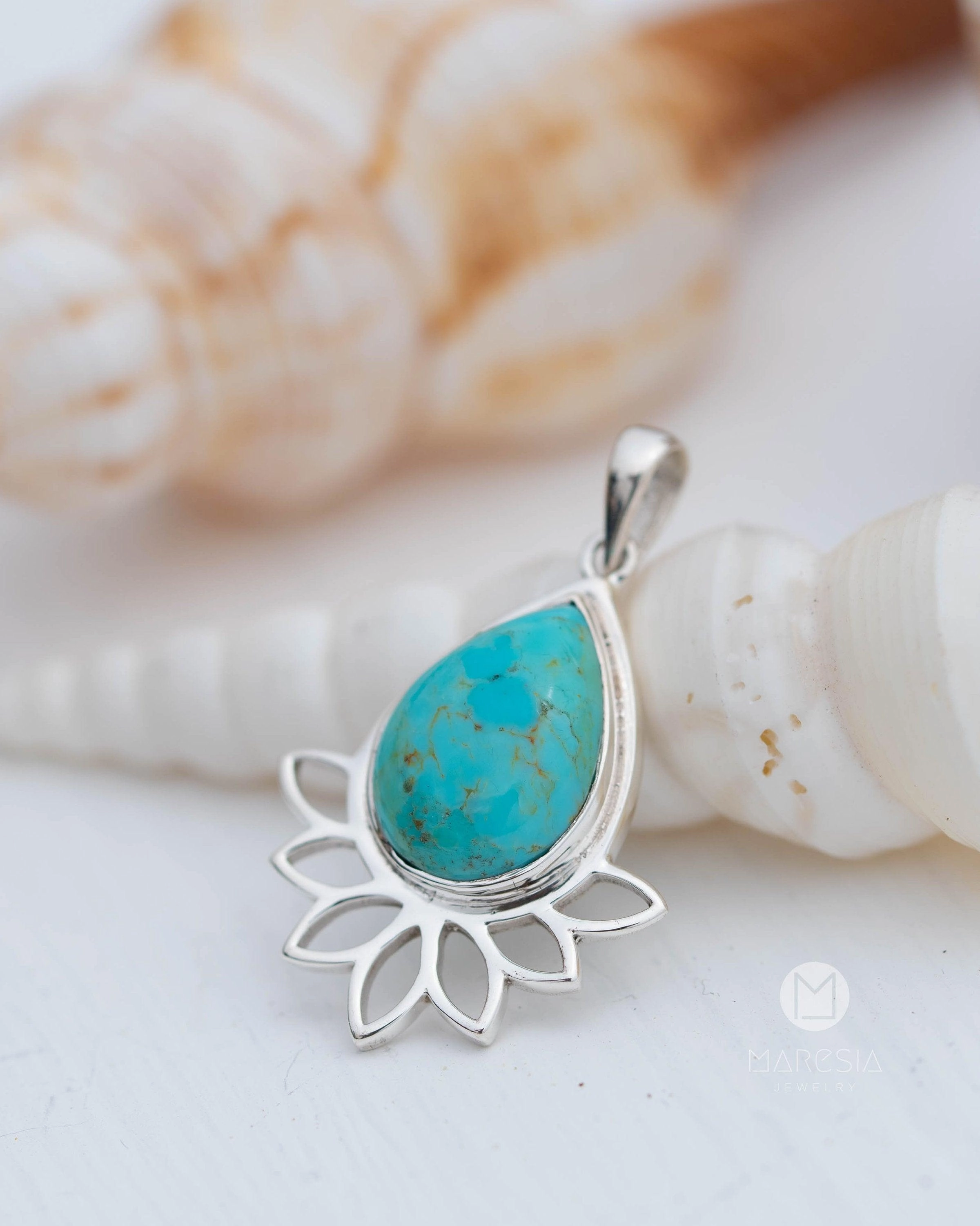 Lotus flower Turquoise or Moonstone Pendant ~ Sterling Silver 925 ~ MP002A