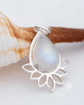 Lotus flower Turquoise or Moonstone Pendant ~ Sterling Silver 925 ~ MP002A