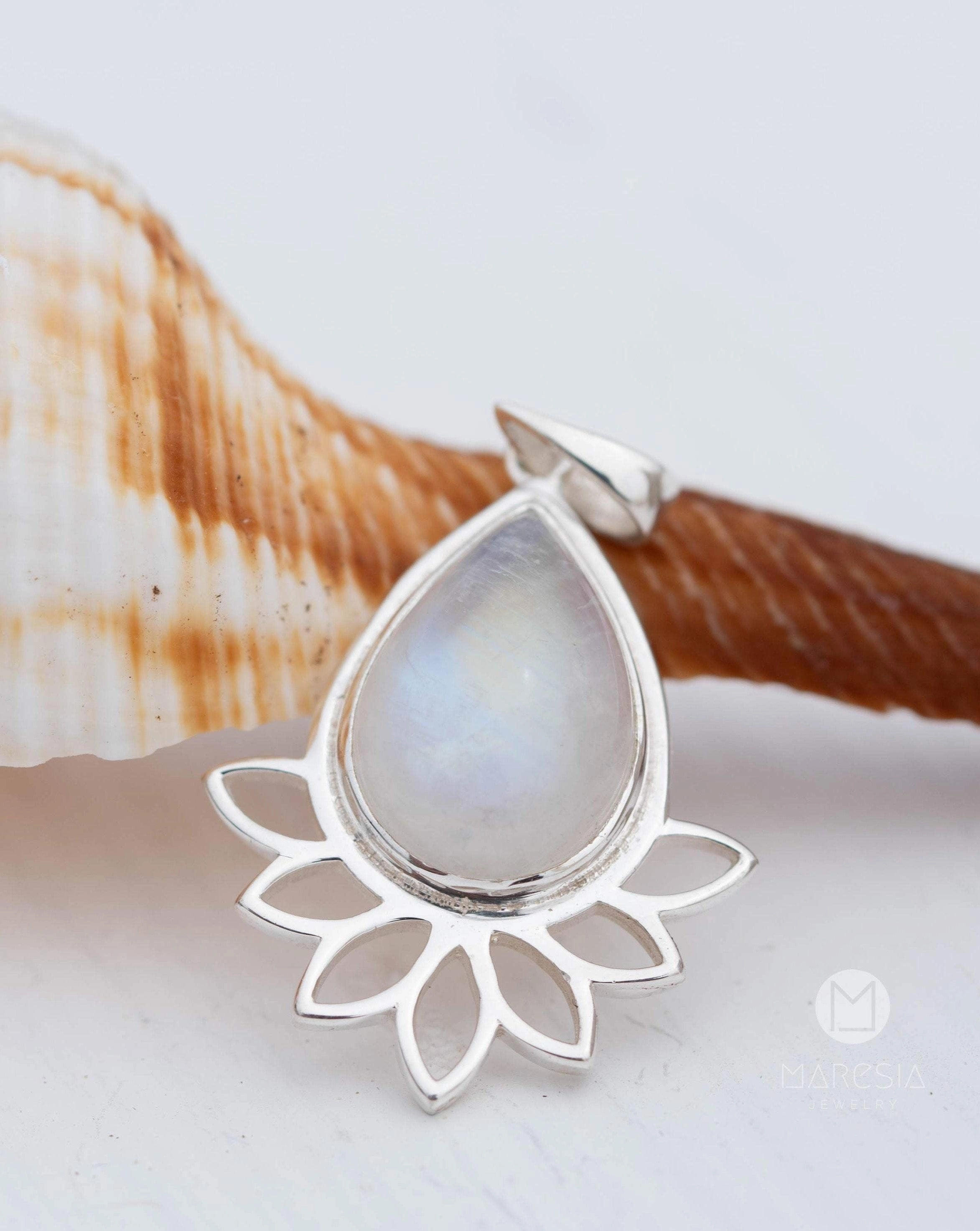 Lotus flower Turquoise or Moonstone Pendant ~ Sterling Silver 925 ~ MP002A