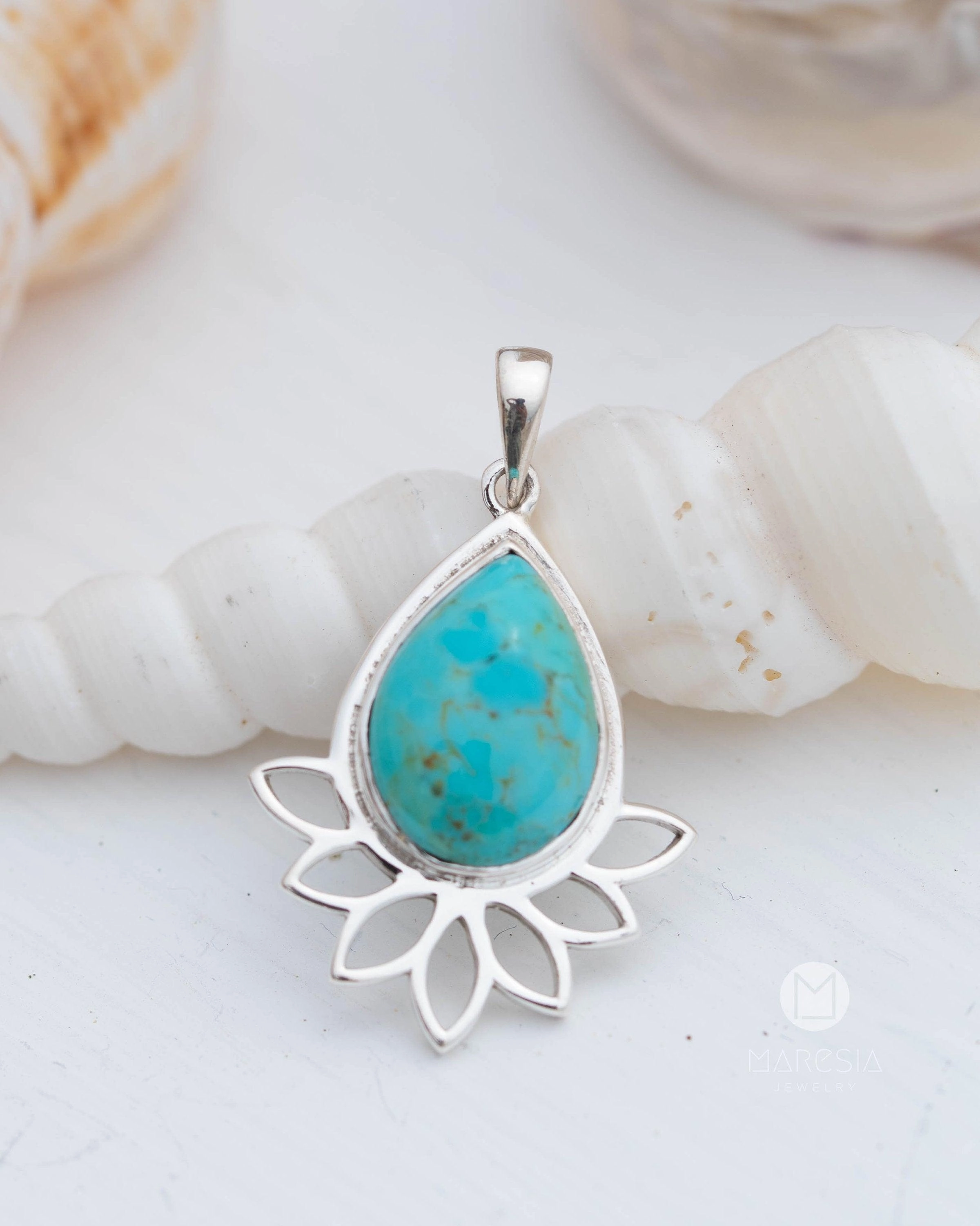 Lotus flower Turquoise or Moonstone Pendant ~ Sterling Silver 925 ~ MP002A
