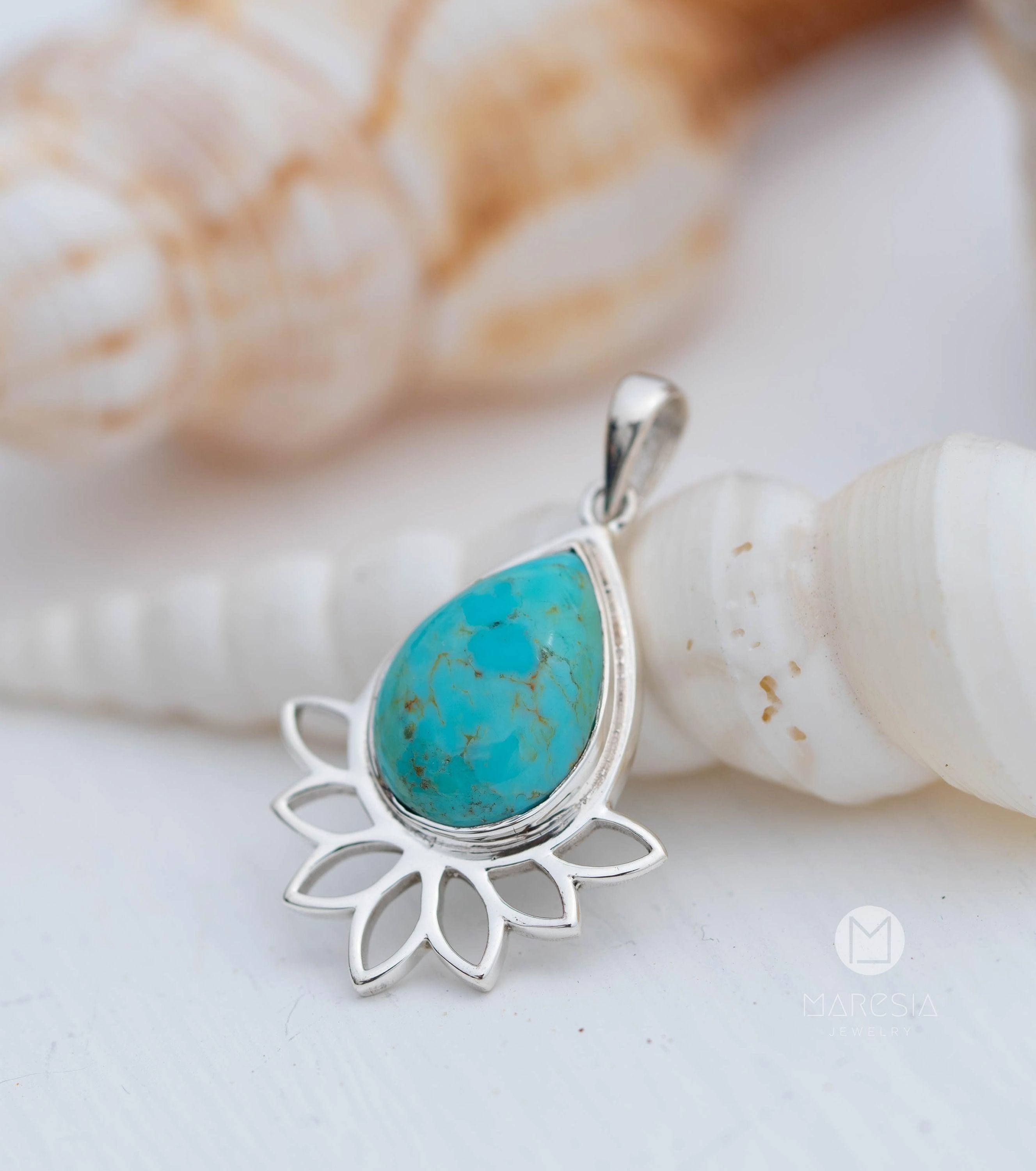 Lotus flower Turquoise or Moonstone Pendant ~ Sterling Silver 925 ~ MP002A