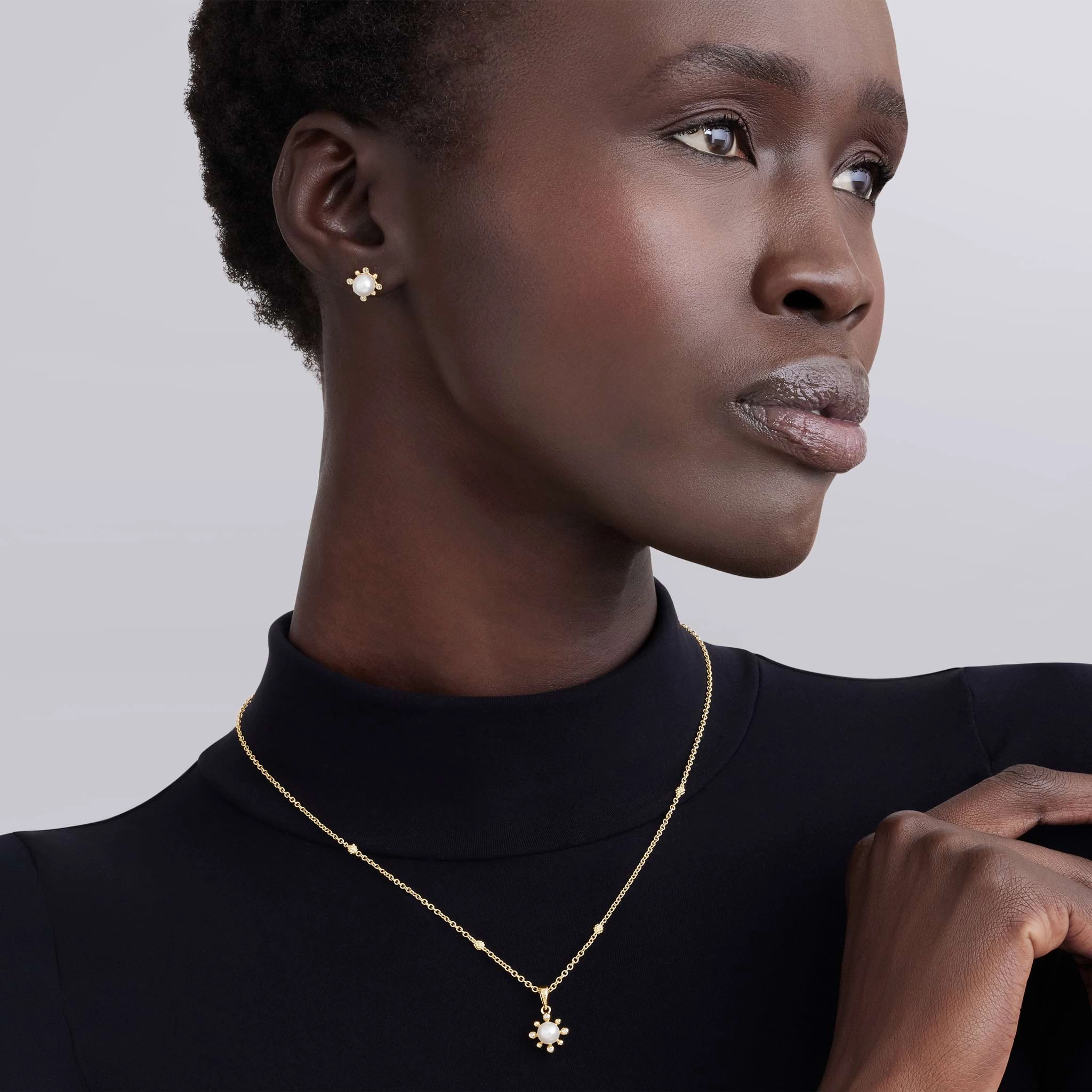 Luna 18K Gold Diamond Fleur Pearl Earrings and Necklace Gift Set