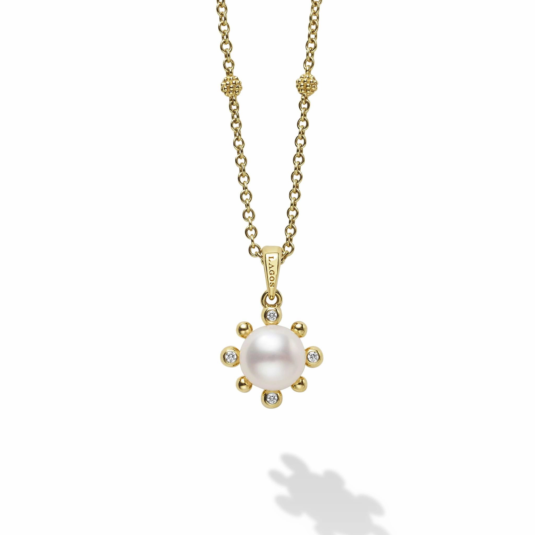 Luna 18K Gold Fleur Pearl Diamond Pendant Necklace