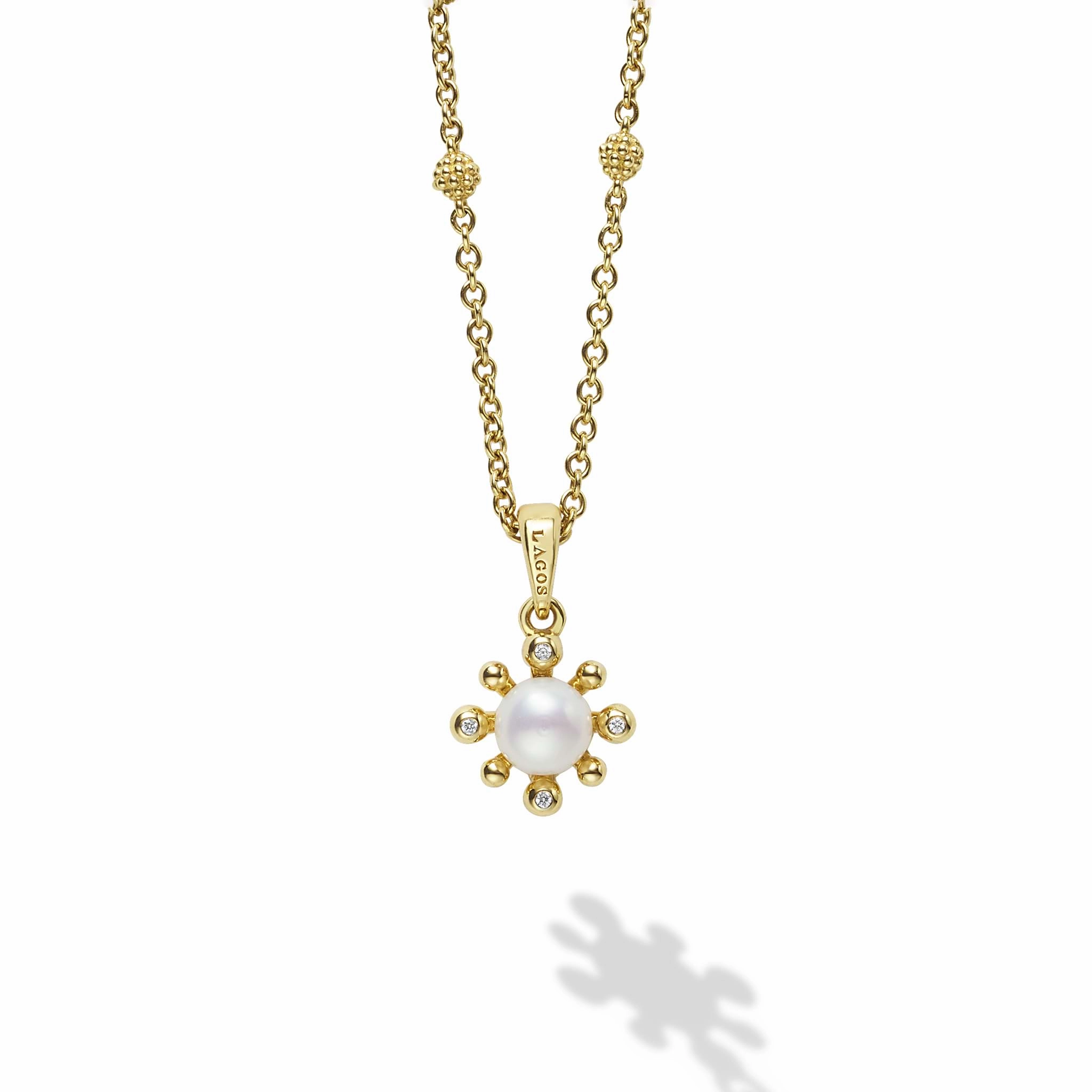 Luna 18K Gold Petite Fleur Pearl Diamond Pendant Necklace