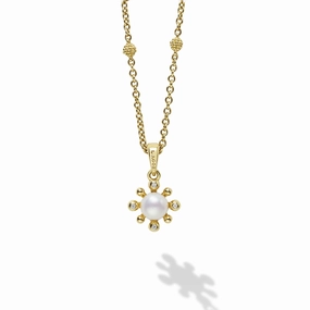 Luna 18K Gold Petite Fleur Pearl Diamond Pendant Necklace