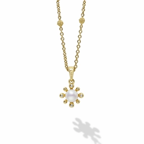 Luna 18K Gold Petite Fleur Pearl Diamond Pendant Necklace