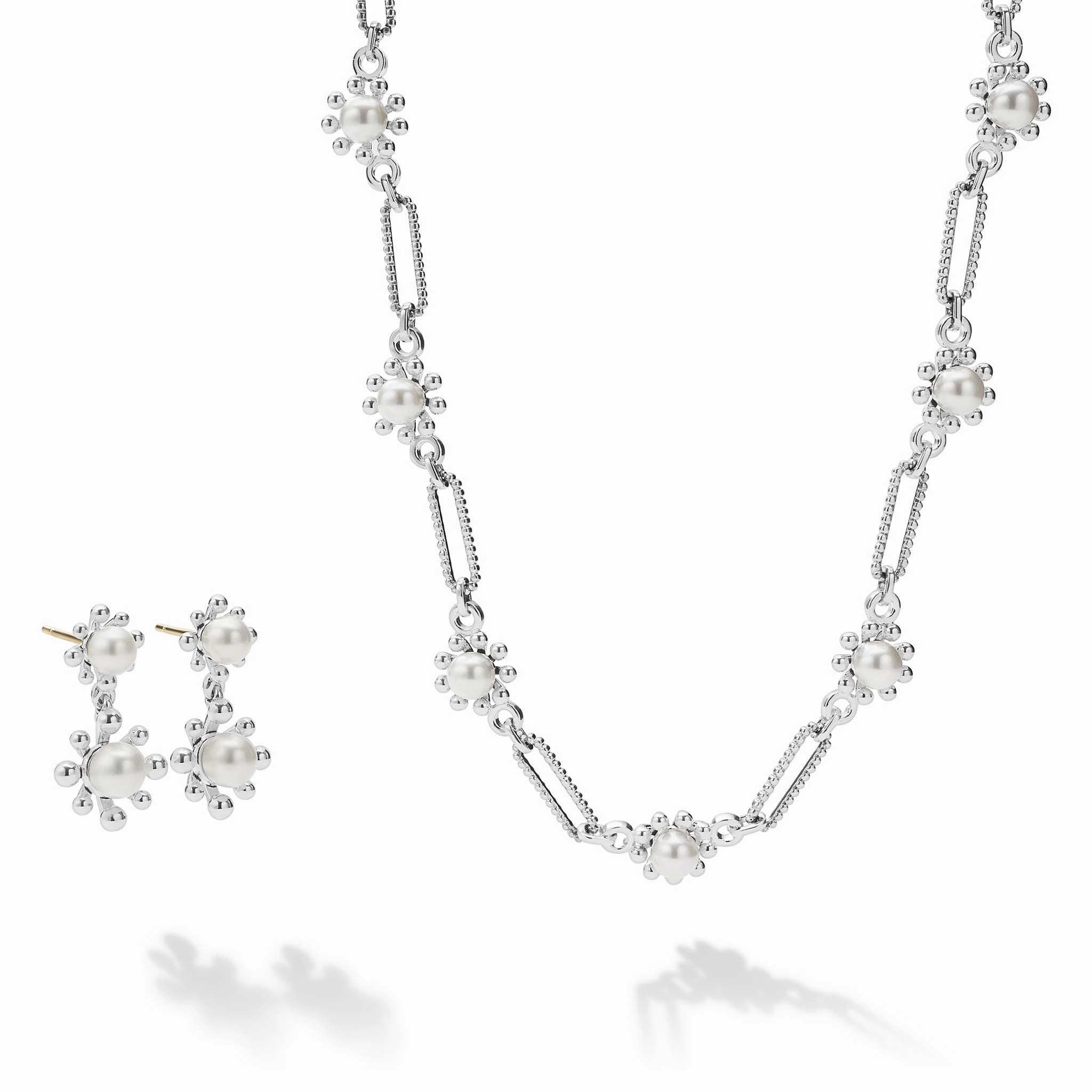 Luna Fleur Pearl Drop Earrings and Link Necklace Gift Set