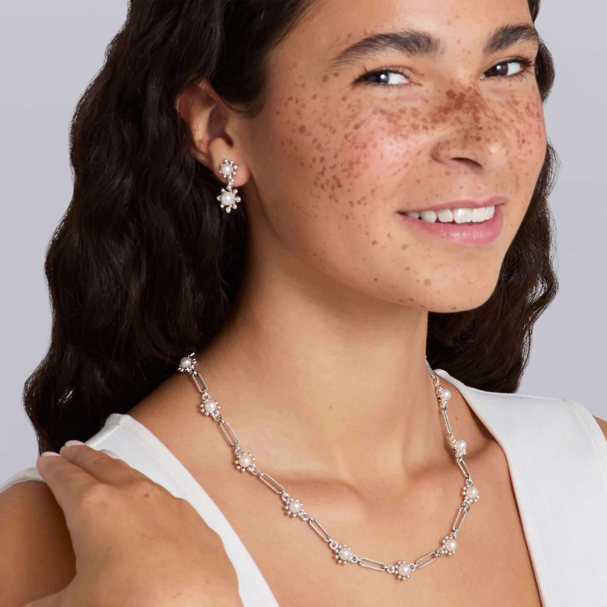 Luna Fleur Pearl Drop Earrings and Link Necklace Gift Set