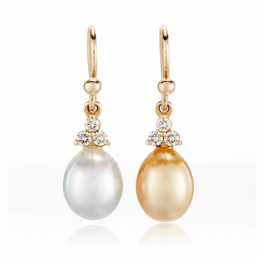 Madison Drop Earrings in White/Gold Keshi Pearls & Diamonds