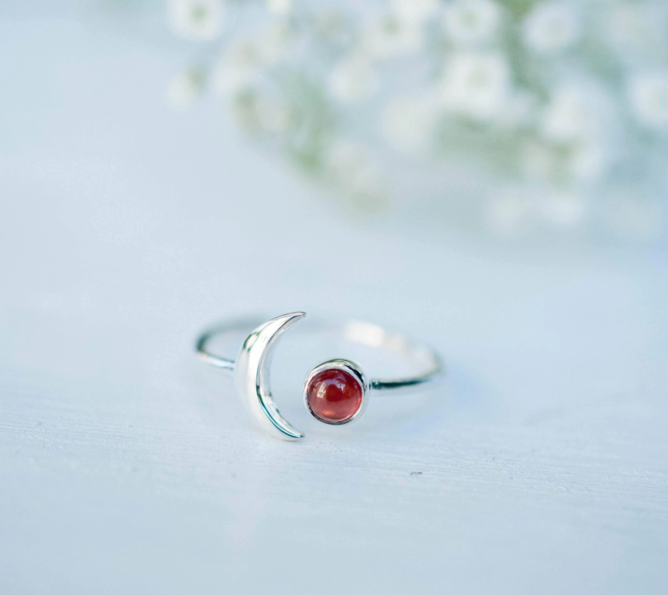 Malibu Half Moon Ring ~ Garnet ~ Sterling Silver 925 ~MR117