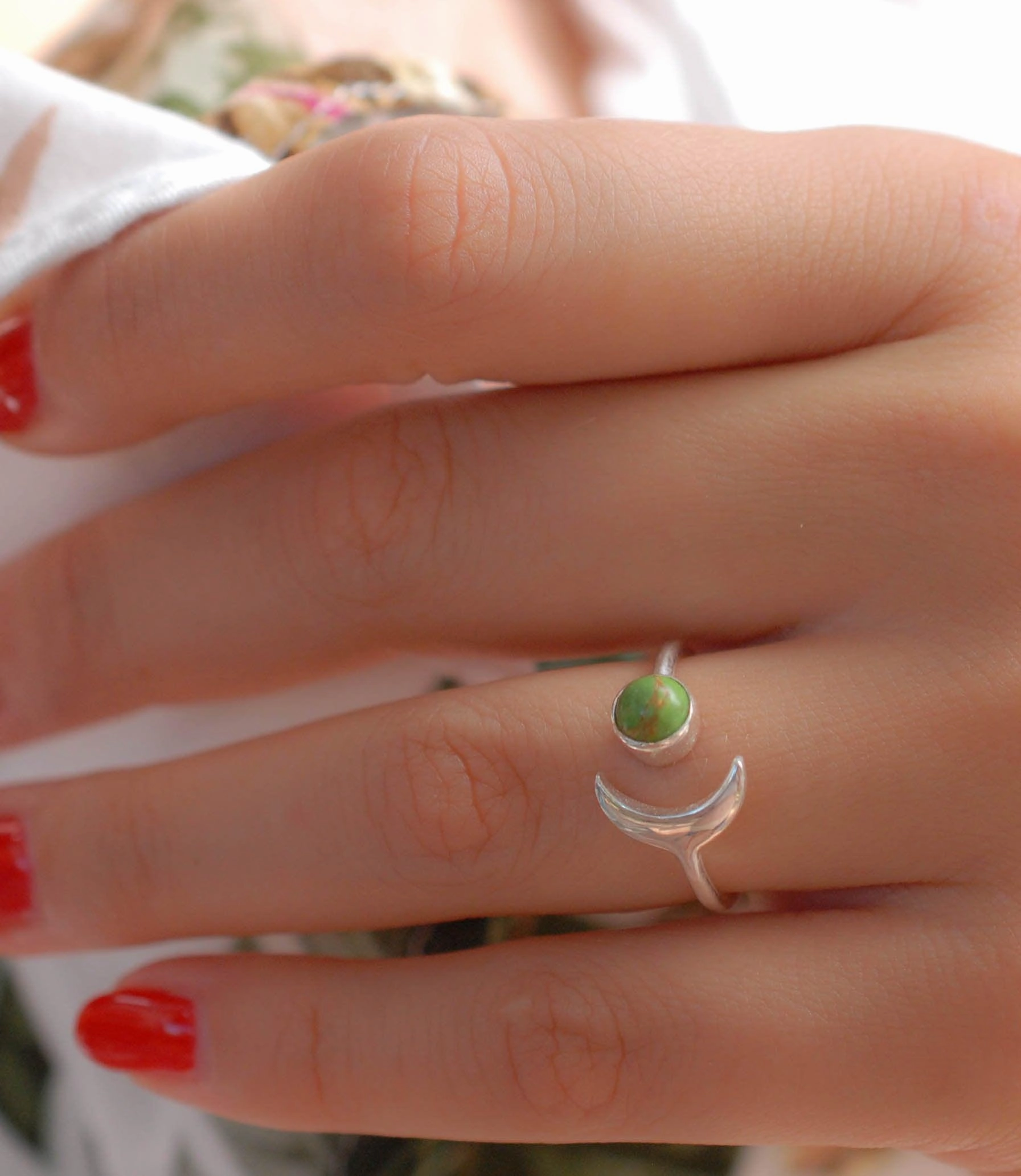 Malibu Half Moon Ring ~ Green Copper Turquoise~ Sterling Silver 925 ~MR048