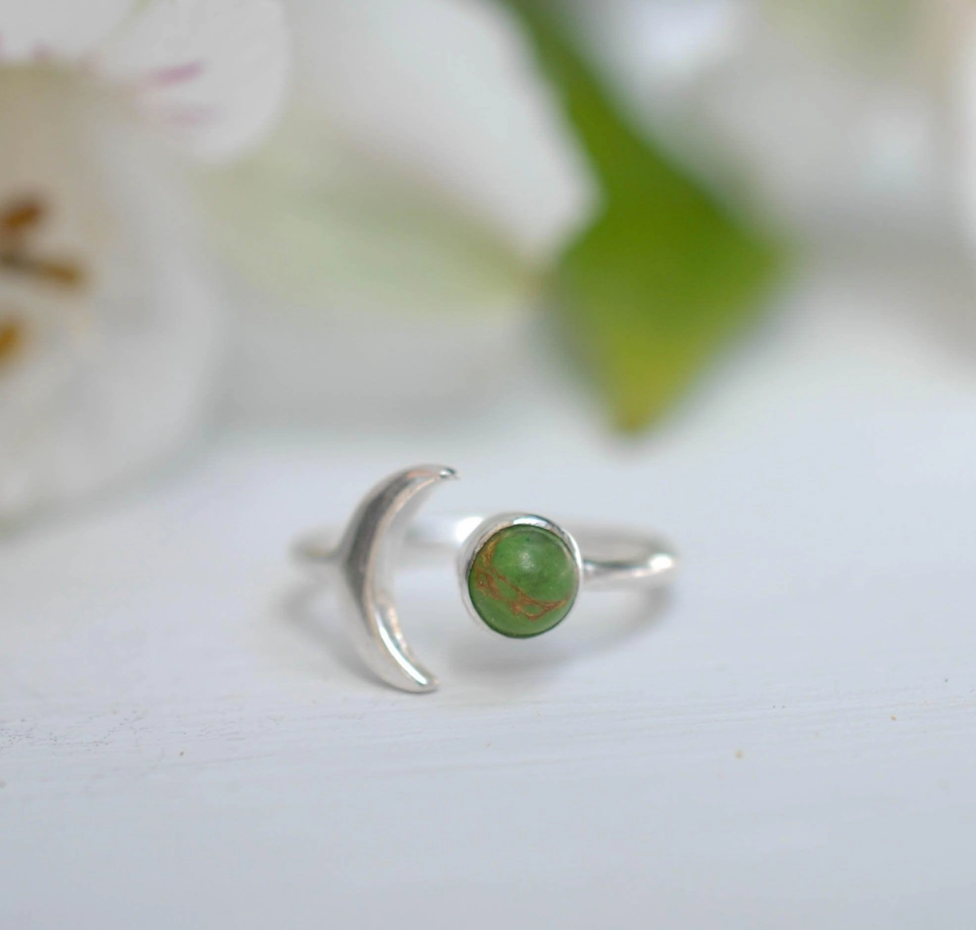 Malibu Half Moon Ring ~ Green Copper Turquoise~ Sterling Silver 925 ~MR048