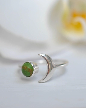 Malibu Half Moon Ring ~ Green Copper Turquoise~ Sterling Silver 925 ~MR048