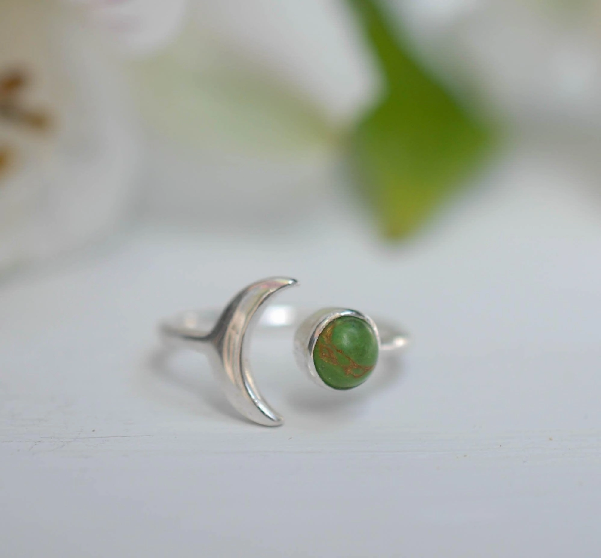 Malibu Half Moon Ring ~ Green Copper Turquoise~ Sterling Silver 925 ~MR048