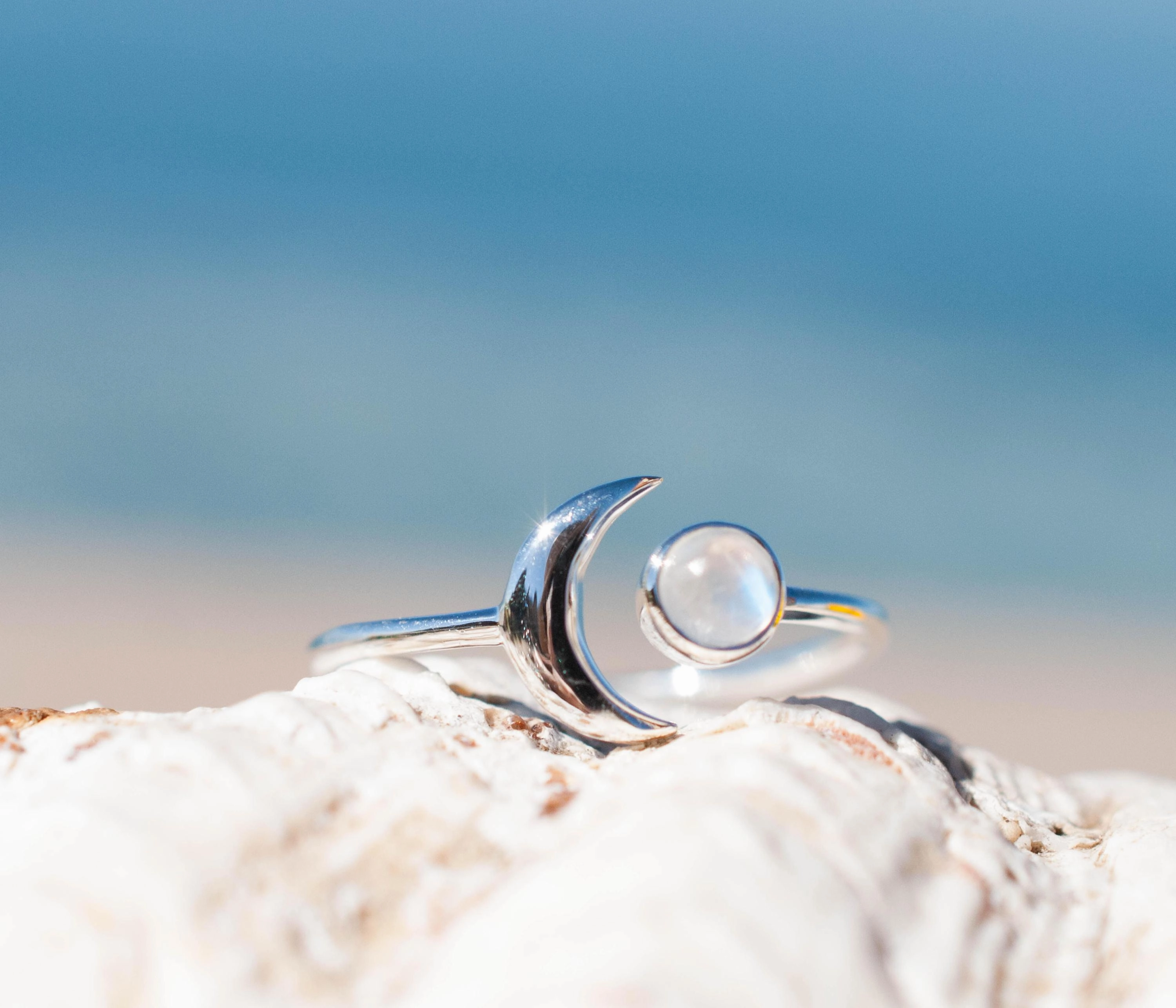Malibu Half Moon Ring ~ Moonstone ~ Sterling Silver 925 ~MR116