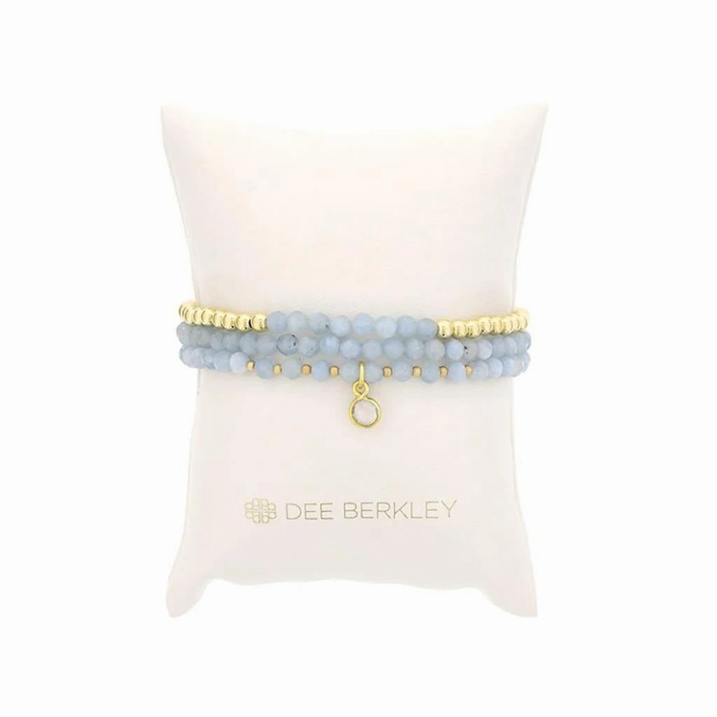 March Birthstone Bracelet Stack: Aquamarine And Gold Filled Beads Bracelet With Clear Quartz Bezel