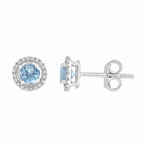 March Birthstone Earrings: 14K White Gold Diamond Halo Aquamarine Earrings