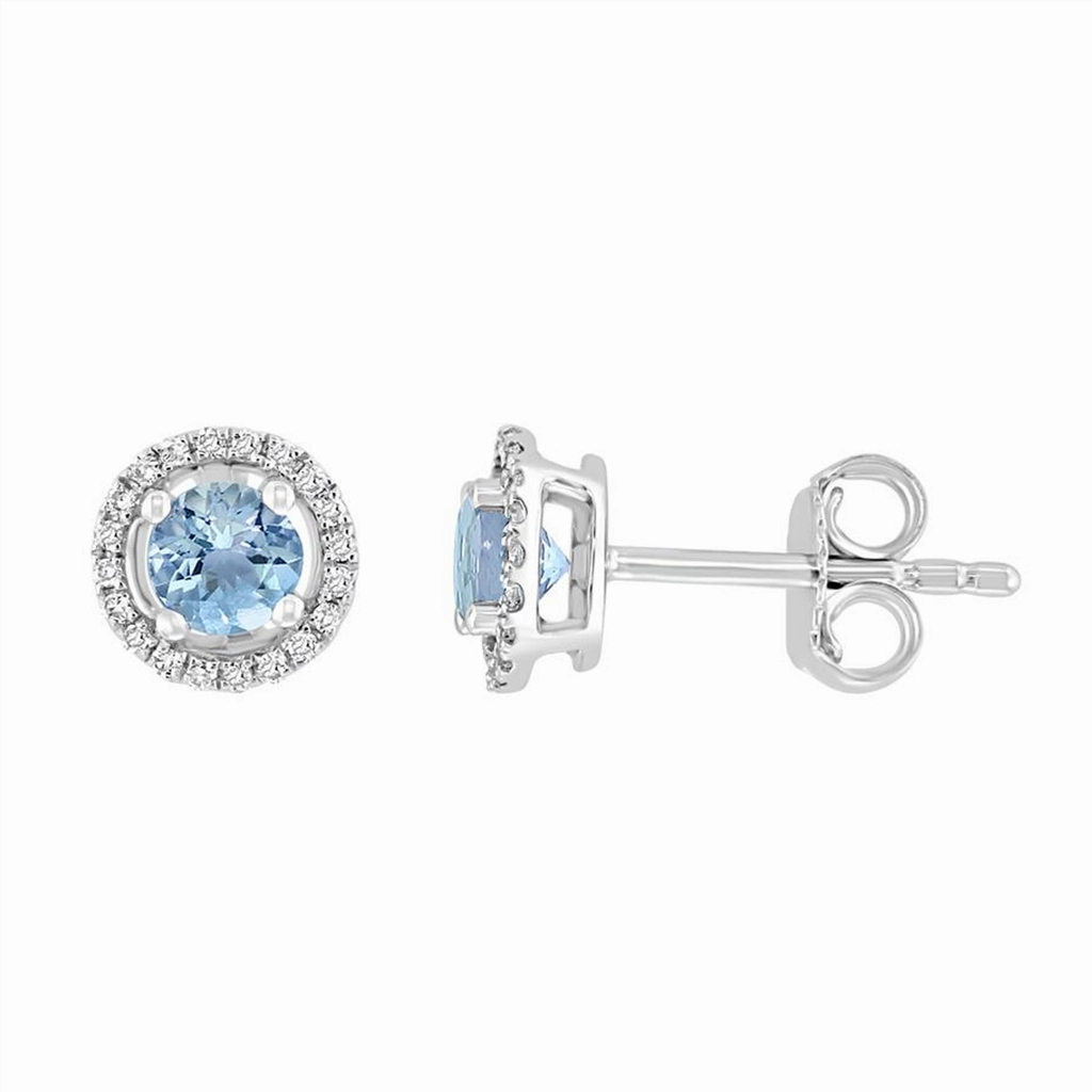 March Birthstone Earrings: 14K White Gold Diamond Halo Aquamarine Earrings