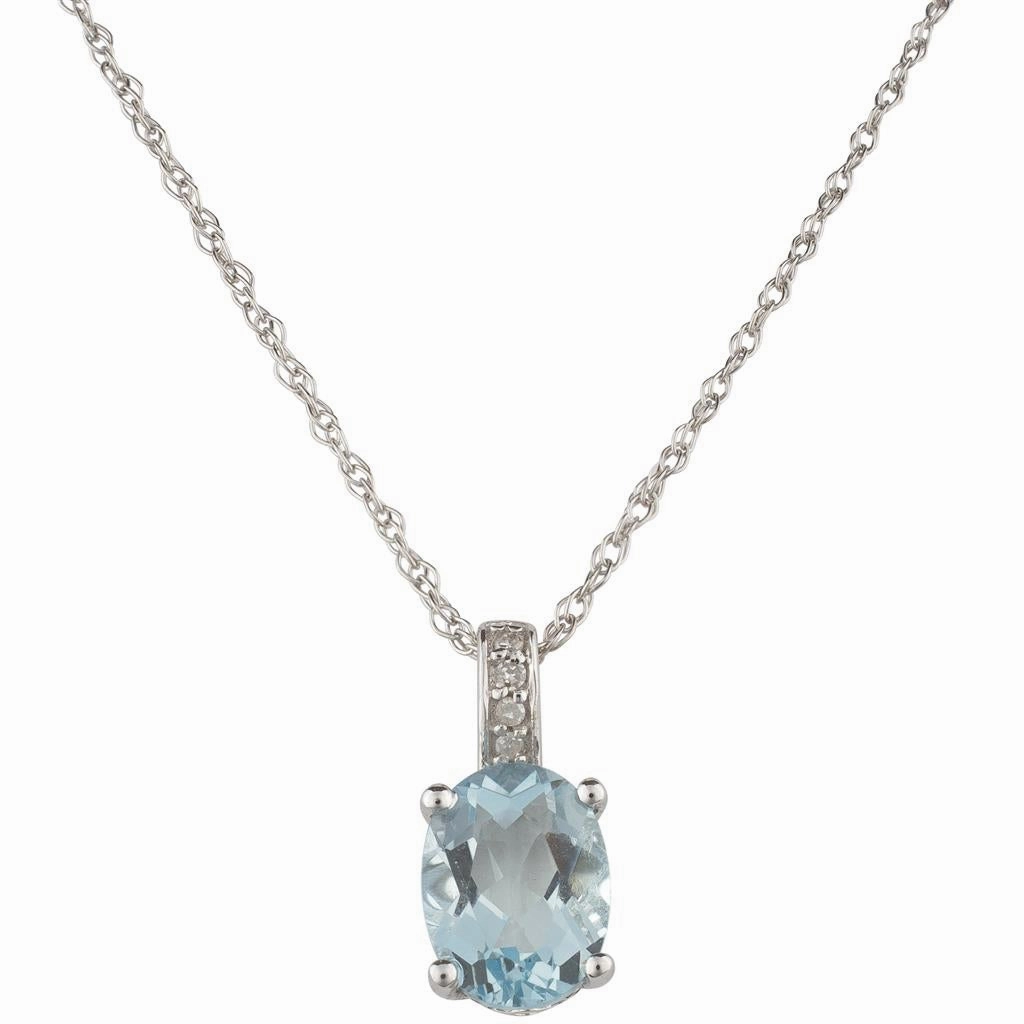 March Birthstone Pendant: 14K White Gold Diamond And Oval Aquamarine Pendant Necklace