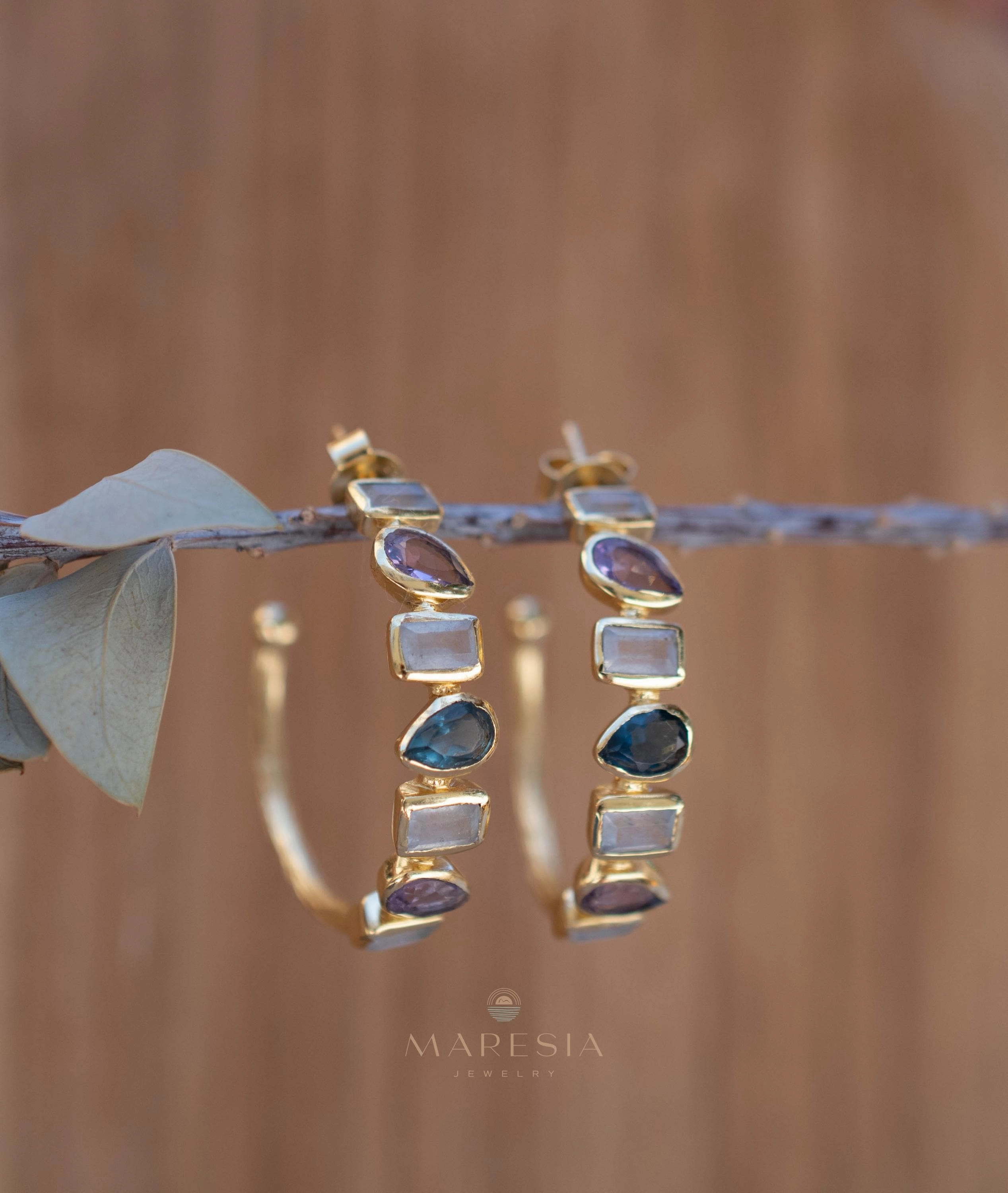 Mary Earrings ~ Moonstone, Amethyst and Iolite hydro ~ 18k Gold Plated Earrings ~ ME008