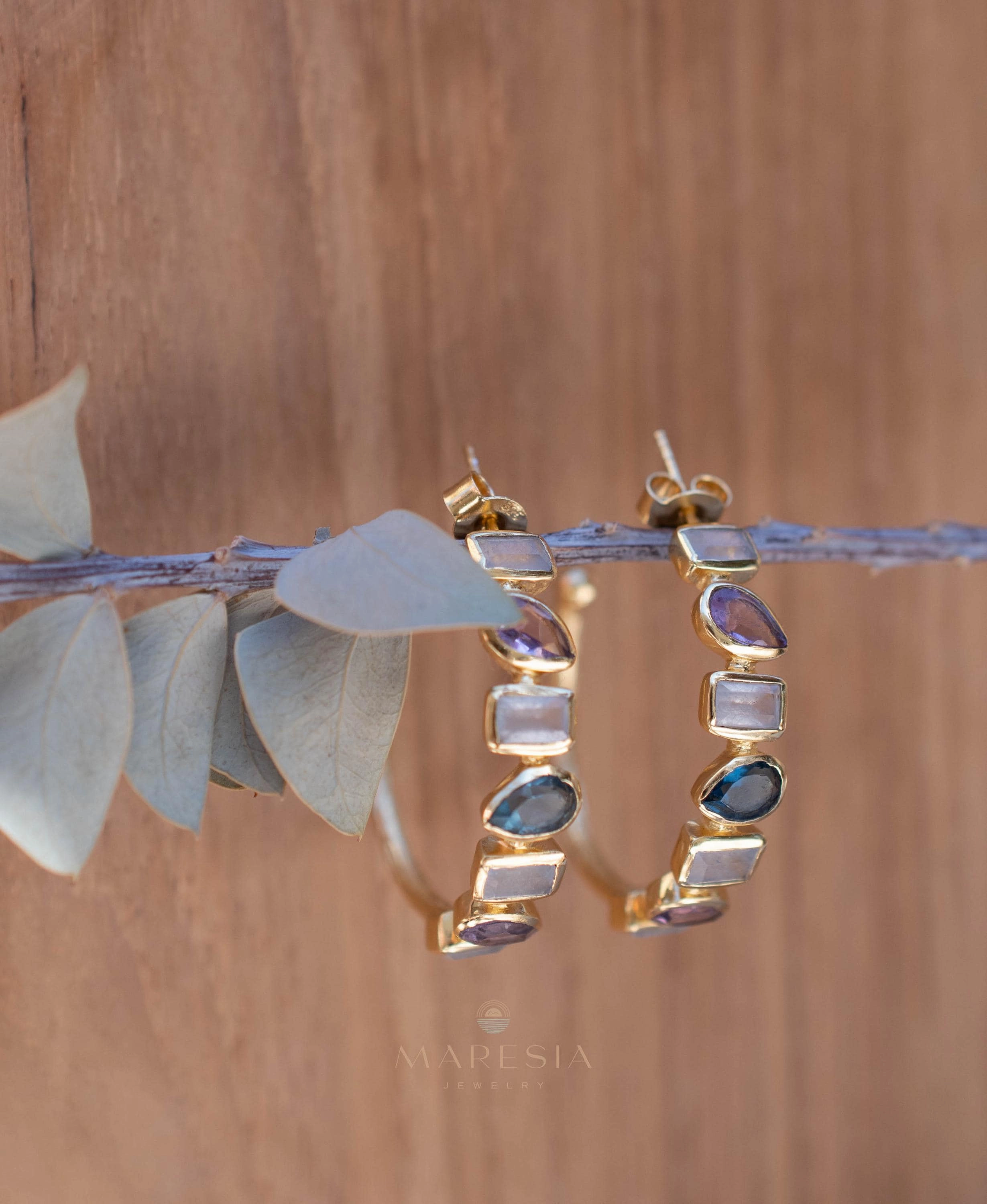 Mary Earrings ~ Moonstone, Amethyst and Iolite hydro ~ 18k Gold Plated Earrings ~ ME008