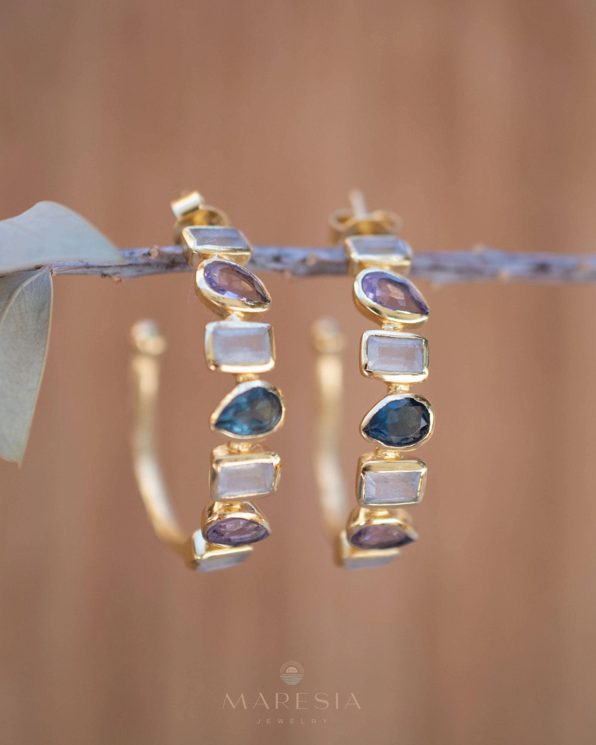 Mary Earrings ~ Moonstone, Amethyst and Iolite hydro ~ 18k Gold Plated Earrings ~ ME008
