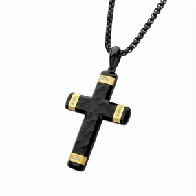 Matte Finish Black IP Carved Steel Large Cross Lab Grown Diamond Pendant Necklace