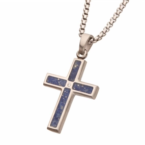 Matte Finish Stainless Steel Lapis Lazuli Stone Inlay With Lab-Grown Diamond Cross Pendant